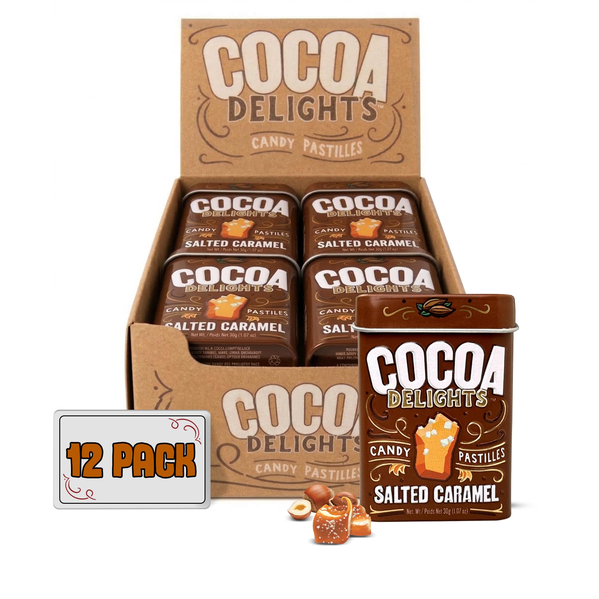Cocoa Delights Salted Caramel Candy Pastilles - 30 Count Tin (Pack of 12) | Vegan, Gluten Free & Kosher Certified | Travel Size Bulk Candy Tins, All
