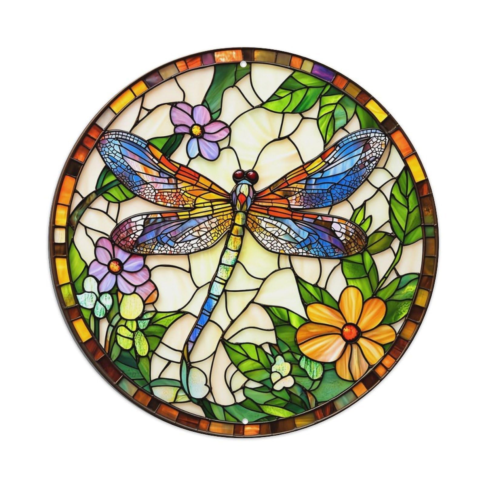 Stained Glass Dragonfly Floral Pattern Tin Sign Metal Poster Vintage Metal Signs for Home Man Cave Bar Cafe Kitchen laundry room Wall Decorations 8x8 inches