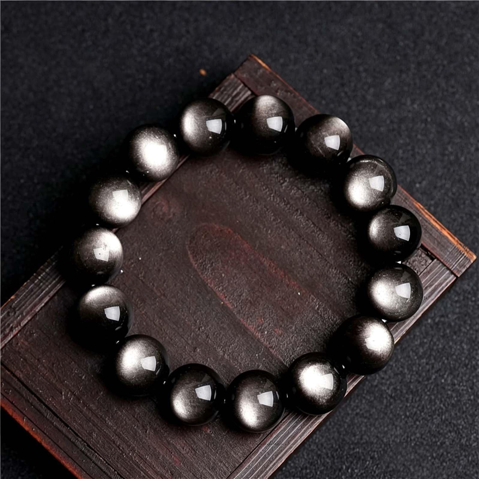 Bracciale con Perline di Ossidiana con lucentezza d'Argento