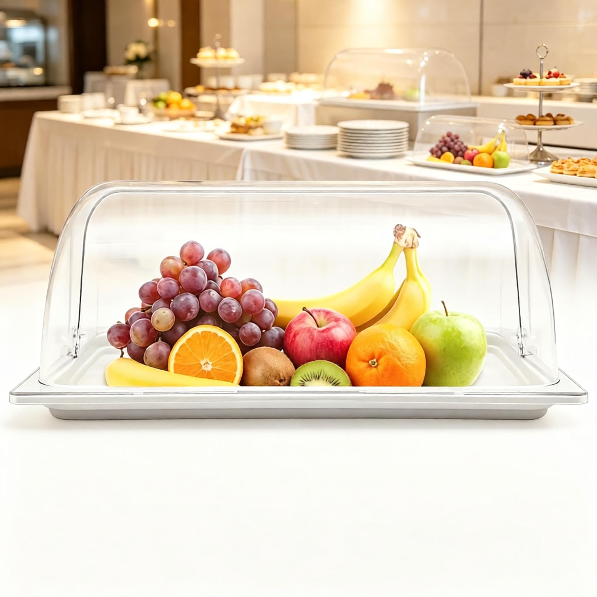 Servierplatte Für Speisen, Große, Transparente, Rechteckige Buffetplatte (42 X 28 cm) Mit Transparentem Rolldeckel, Geeignet Für Desserts, Kuchen, Obstsalat Und Restaurants, Hotels, Partys Und