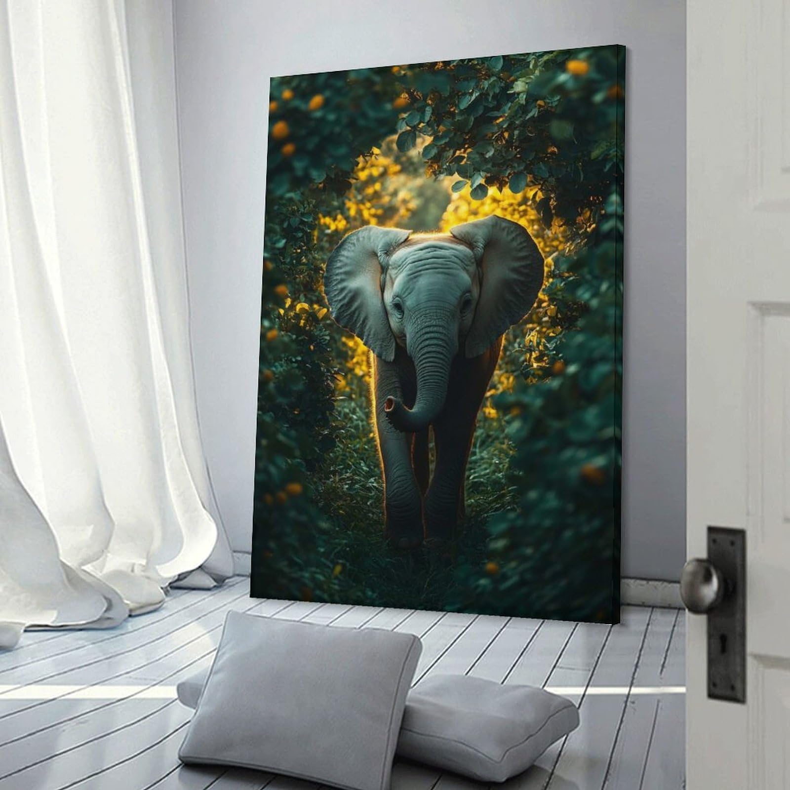 Junmoney Baby Elephant in Lush Greenery Canvas Art Print 24x36inch(60x90cm), for Gallery Wall Layouts in Home Or Office, Decorative Artwork with Flexible Styling