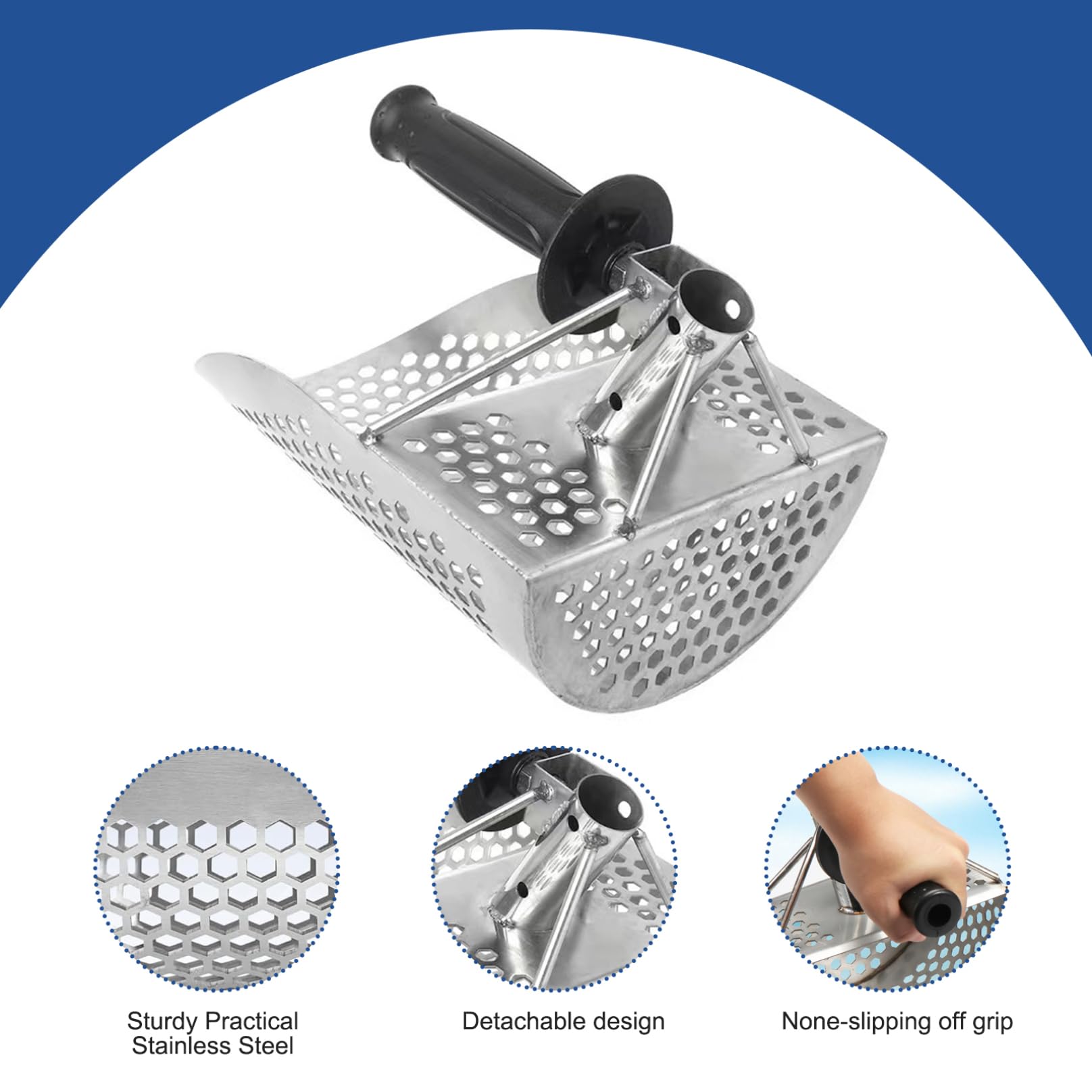 Pala de Arena para detección de Metales Pala de detección de Metales de Acero Inoxidable con Orificios en Forma y tamiz de Arena Resistente Desmontable de Mango Largo de 47 Pulgadas para la Playa, pa