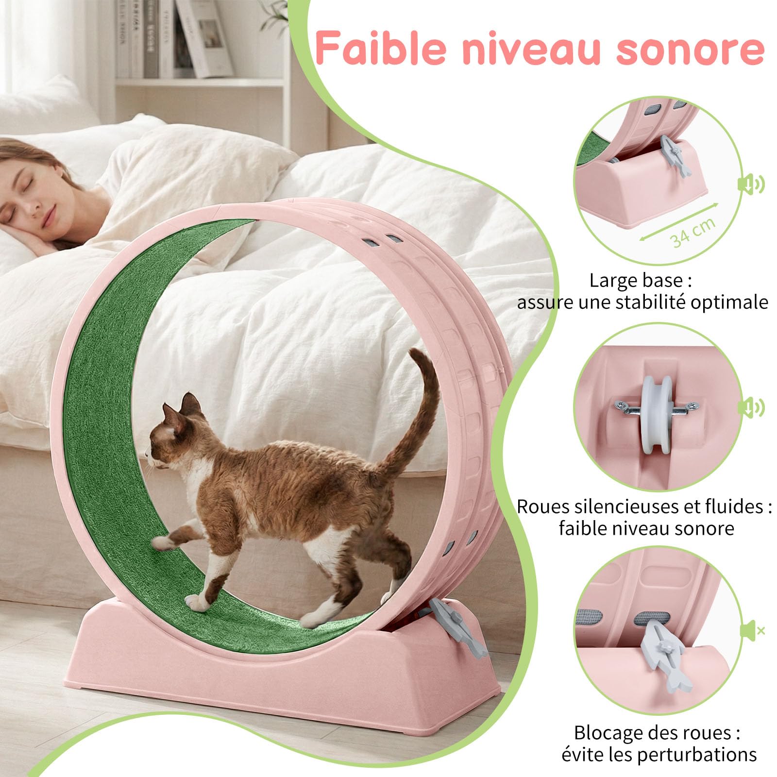 LEADZM Roue d'exercice pour Chat 80cm - Roue pour Chat pour 15 kg et Moins Chats - Connecteur de Rail en Plastique, résistant aux Rayures, Stable et Silencieux (Rose)