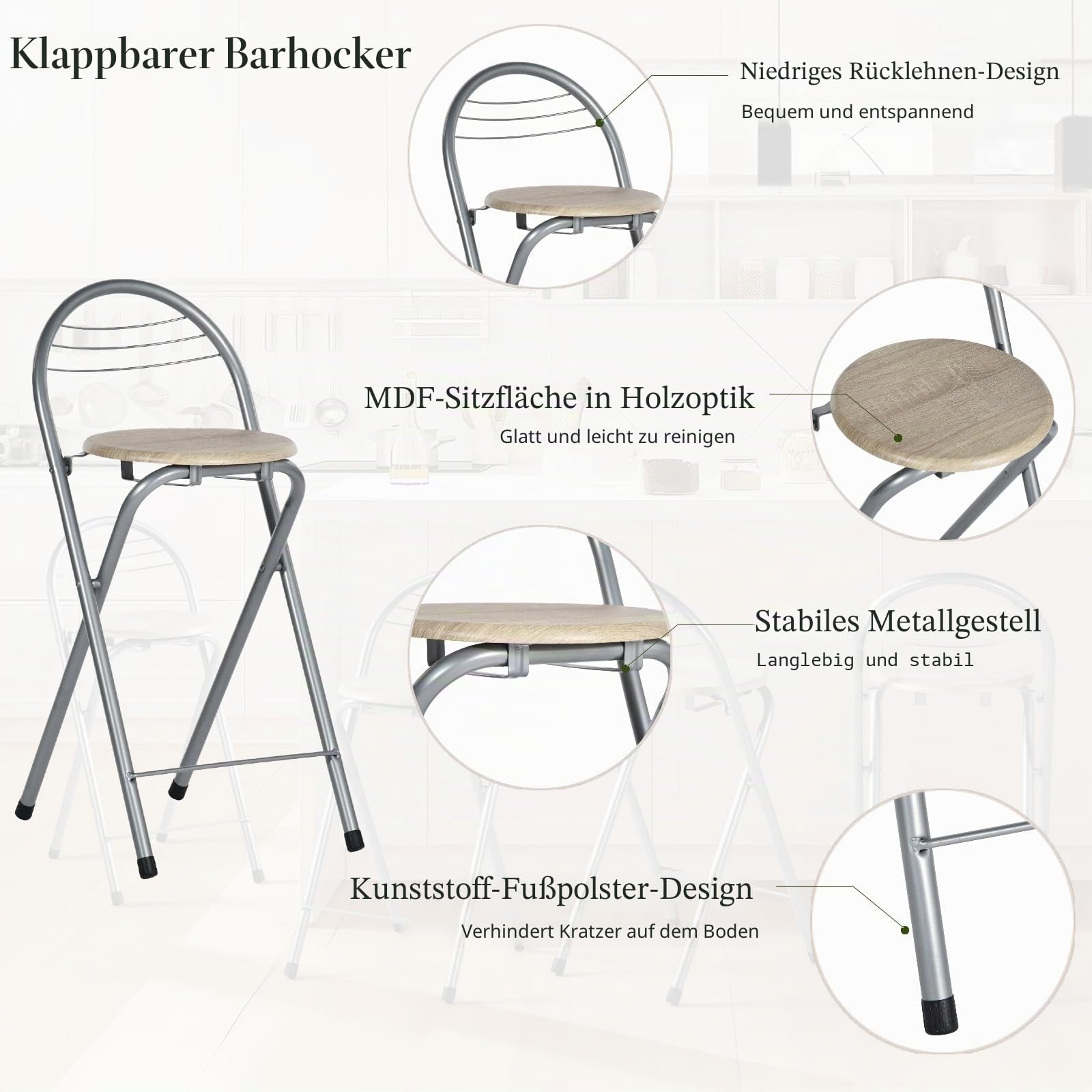 Barhocker Klappbar mit Lehne 2er Set, Hocker Klappbar Tragbarer Klapphocker Küchenhocker Barhocker Faltbar Falthocker Für Küche Bar Bistro Outdoor, Sitzhöhe 61 cm, (Eiche und Silber)