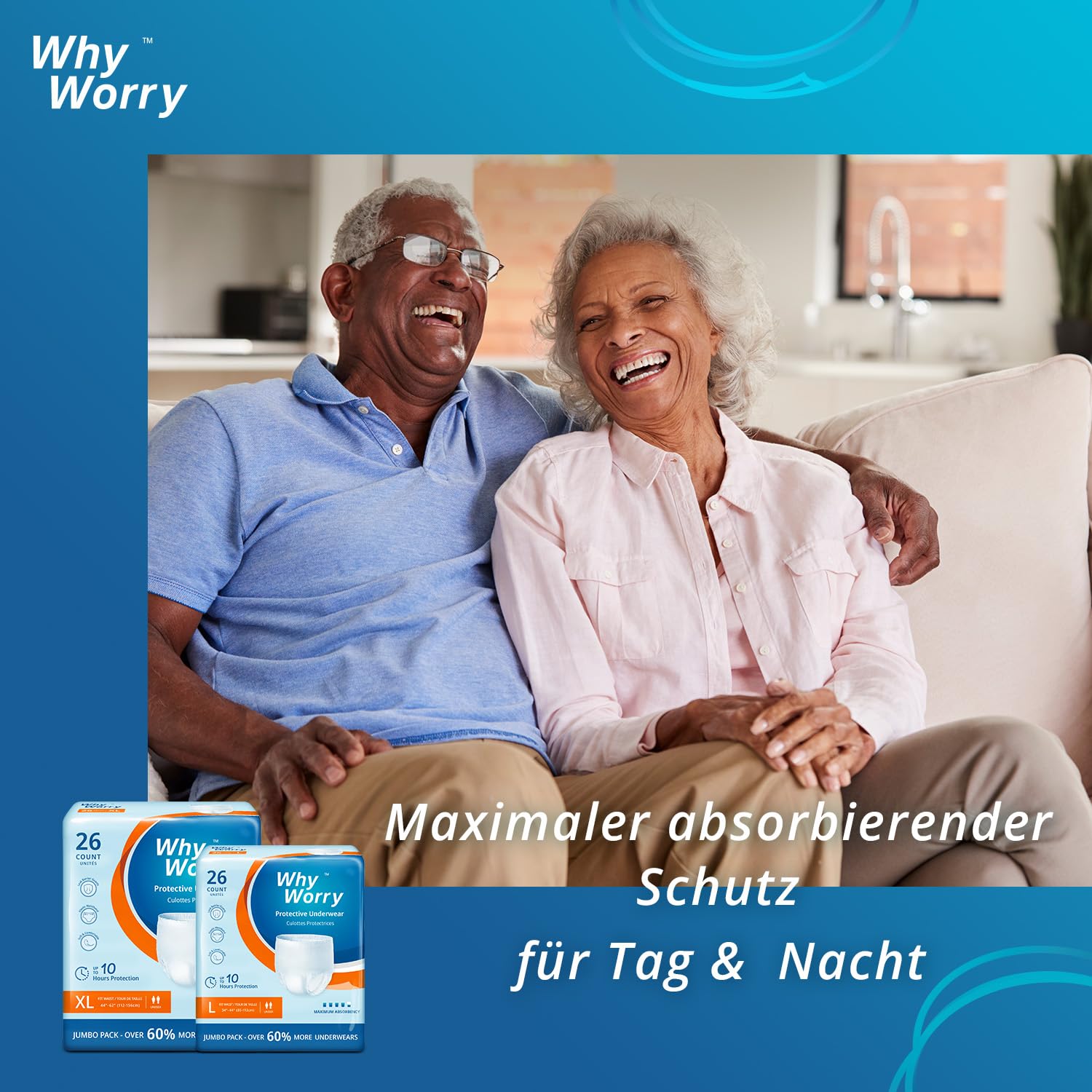 WhyWorry Inkontinenz Pants für Männer und Frauen, Inkontinenz Slip Damen und Herren, Windelhosen Erwachsene Einweg, Auslaufschutz über Nacht, Geruchsschutz, Unisex, Größe XL, 26 Stück