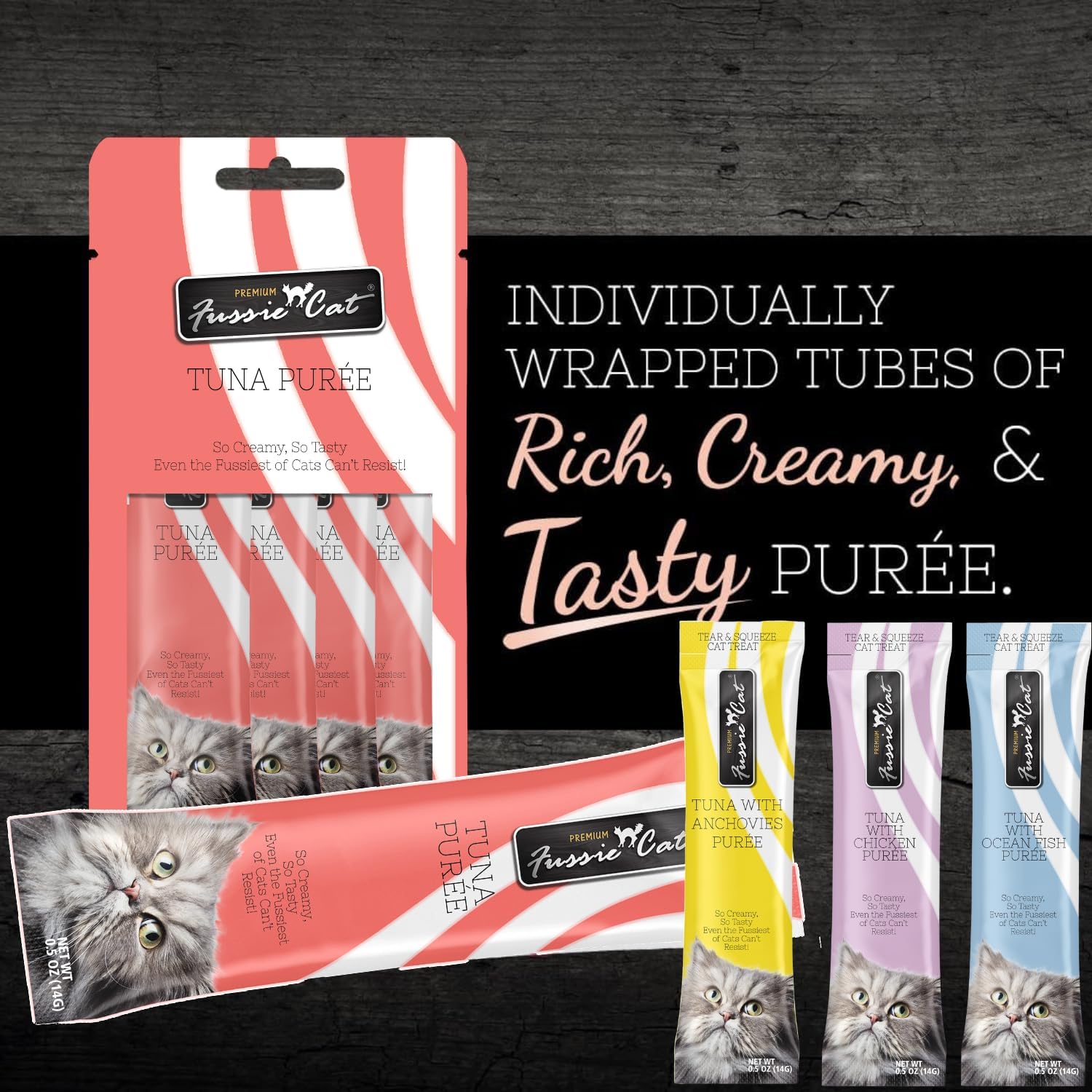 Fussie Cat Premium Puree Lickable Cat Treats in Tuna Puree, 4 Flavors, 4 Packs of 4-0.5oz Tubes (16 Total Tubes) +Lid