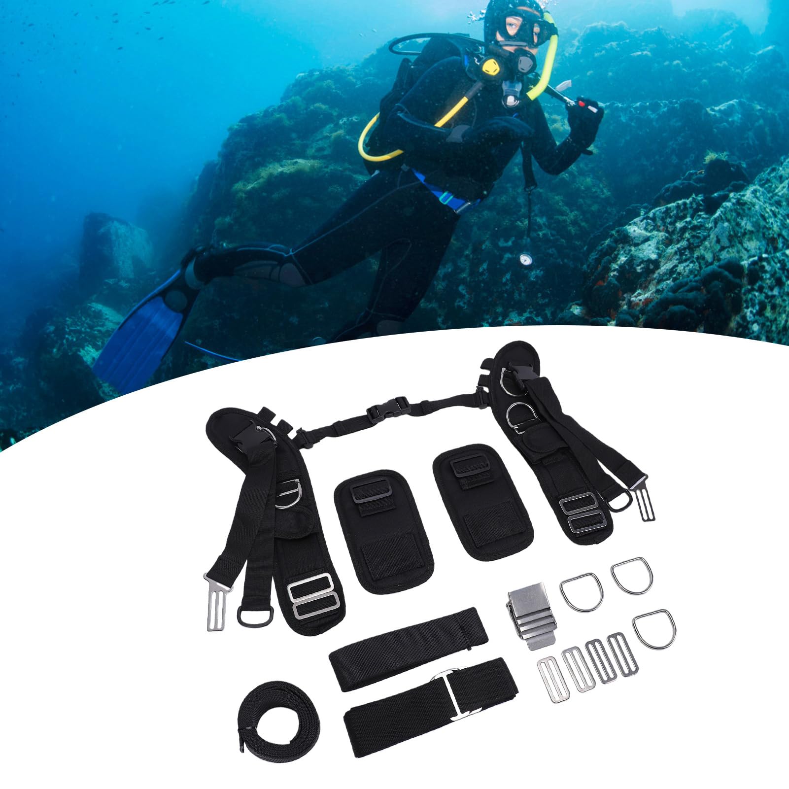 Luocute Imbracatura con Piastra Posteriore per Immersioni Subacquee | Fibbie Antiruggine in Nylon in Acciaio Inossidabile, Spallacci in Neoprene, Anelli di Ritenzione in Gomma Flessibile per