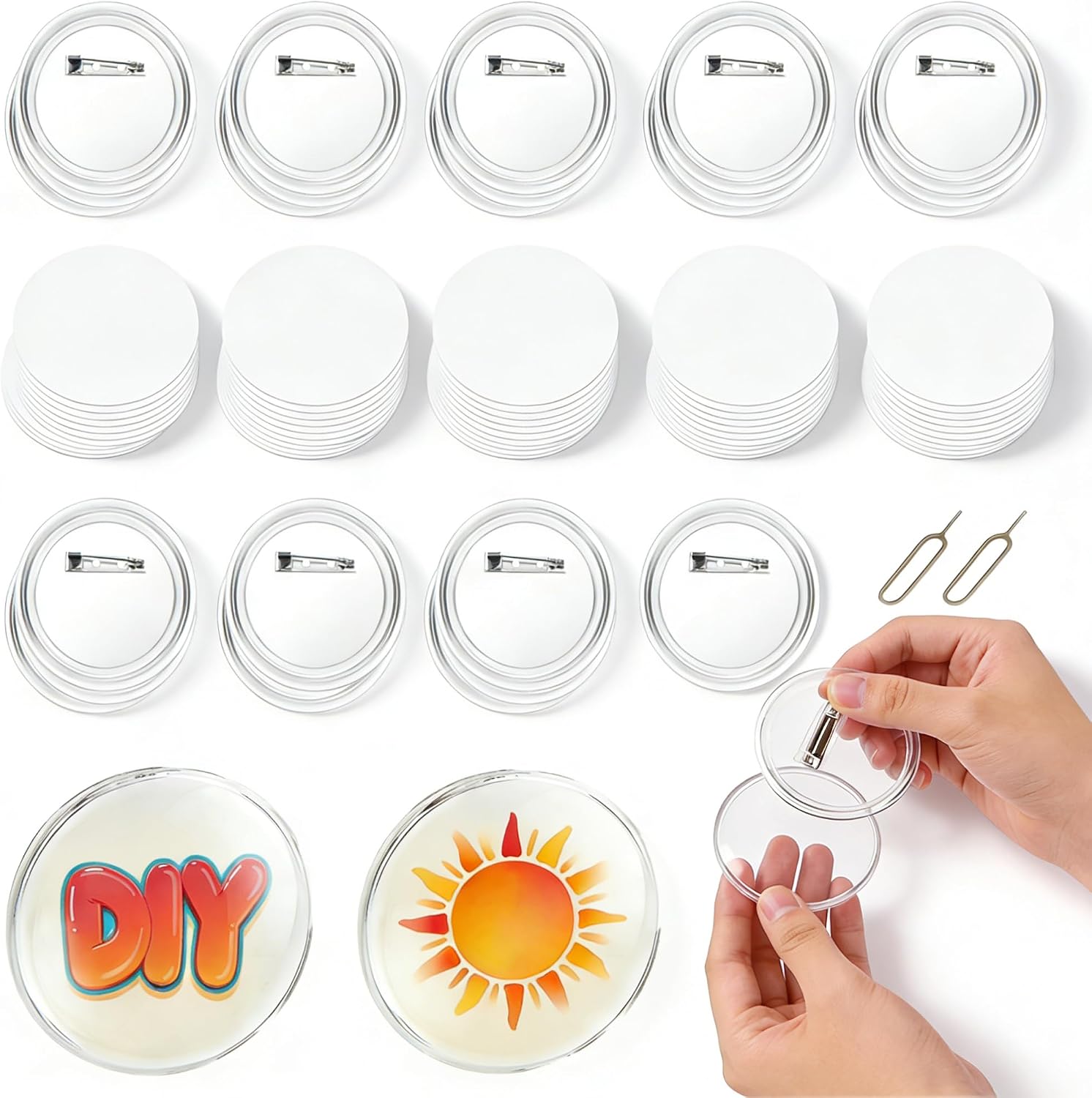 77 Pcs DIY Button Making Kit with 25 Clear Acrylic Blank Pins 2.3 in, 50 White Sublimation Circle Papers 2.1 in, 2 Pin Backs for Custom Badges and Crafts
