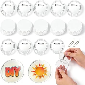 77 Pcs DIY Button Making Kit with 25 Clear Acrylic Blank Pins 2.3 in, 50 White Sublimation Circle Papers 2.1 in, 2 Pin Backs for Custom Badges and Crafts
