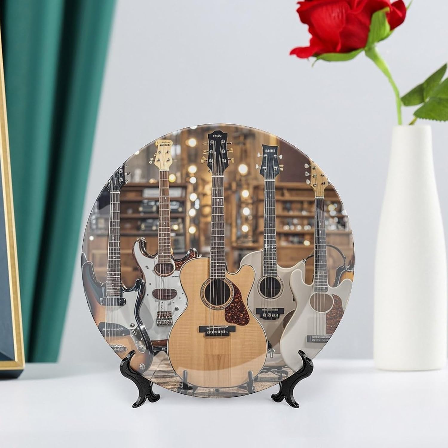 Bone China Decorative Plates with Stand 8inch, Guitar Bass Music Musical Instruments Plate Decor Handmade Art Decors Round Ceramic Display Plates for Kitchen Party Living Room Table Porcelain Plate De