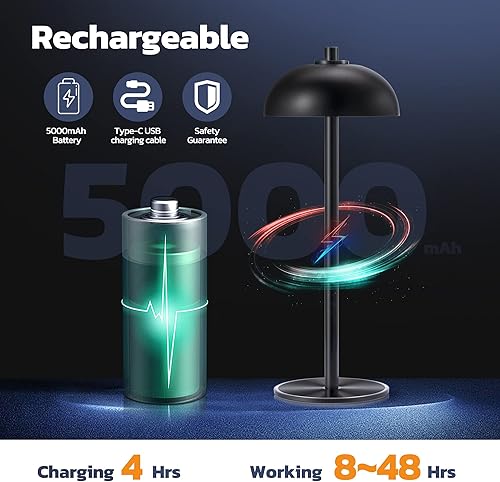 Miniatura 5 de JONEMO Paquete de 2 lámparas de mesa inalámbricas recargables  Lámpara de mesa con batería de 5000 mAh, luz de mesa LED de atenuación continua de 3