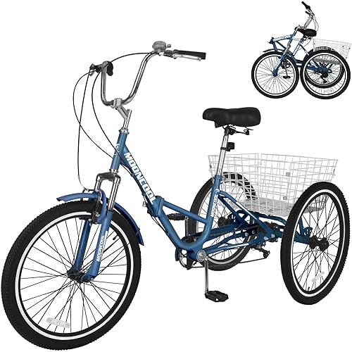 Adult Folding Tricycles Folding Bikes, 7 Speed 20/24/26 Inch 3 Wheel Adult Trikes Cruiser Bike with Large Basket, Foldable Tricycle for Adults, Women, Men, Seniors
