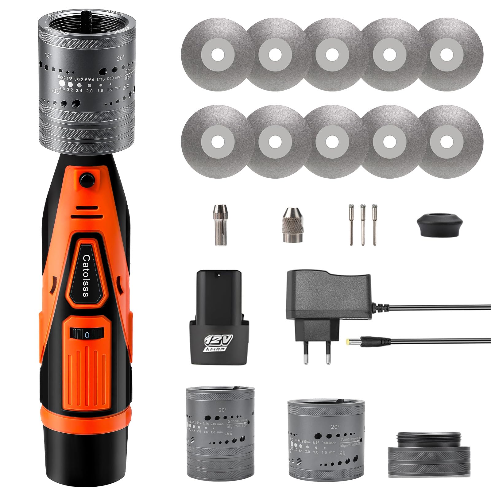 12V Wolfram Elektrodenschärfer-Set für WIG-Schweißen, 6 Größen, 8 Winkel, kabelloser Wolframschleifer zum WIG-Schweißen mit flachem Schleifblock, Trennschlitz, mehreren Winkeln und Versätzen