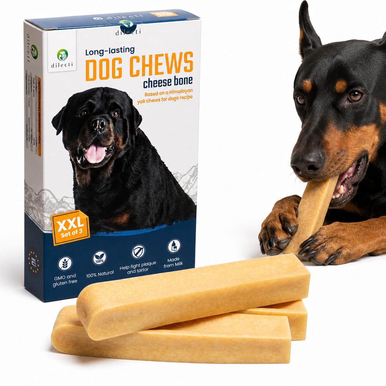 Kaukäse für Hunde - Natürliche Käsestangen aus 100% Hartkäse, Langanhaltender Kausnack & Käse-Kauknochen, Getreidefrei mit Zahnpflege, nach Himalaya-Rezept (Größe XXL, 3er-Pack)