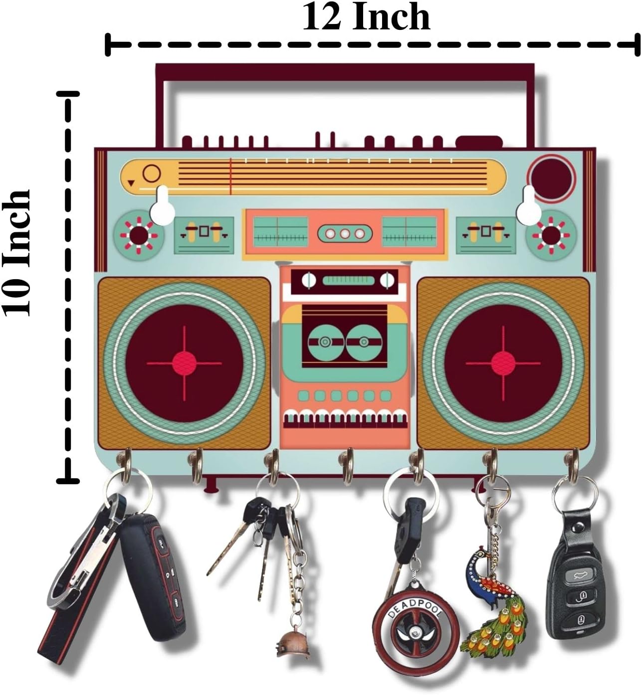 Webelkart Premium HD UV Printed Retro Radio Shaped Keys Wooden Key Holder (12 Inch x 10 Inch, Wood, Multicolor)- 7 Hooks