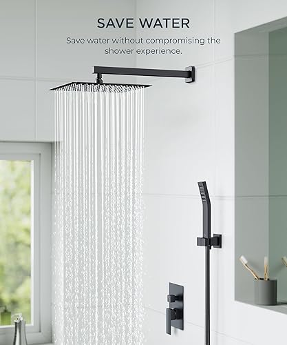 Miniatura 6 de FORIOUS Sistema de ducha negro, cabezales de ducha de lluvia de 10 pulgadas con rociador de mano, juego de grifo de ducha con válvula de presión
