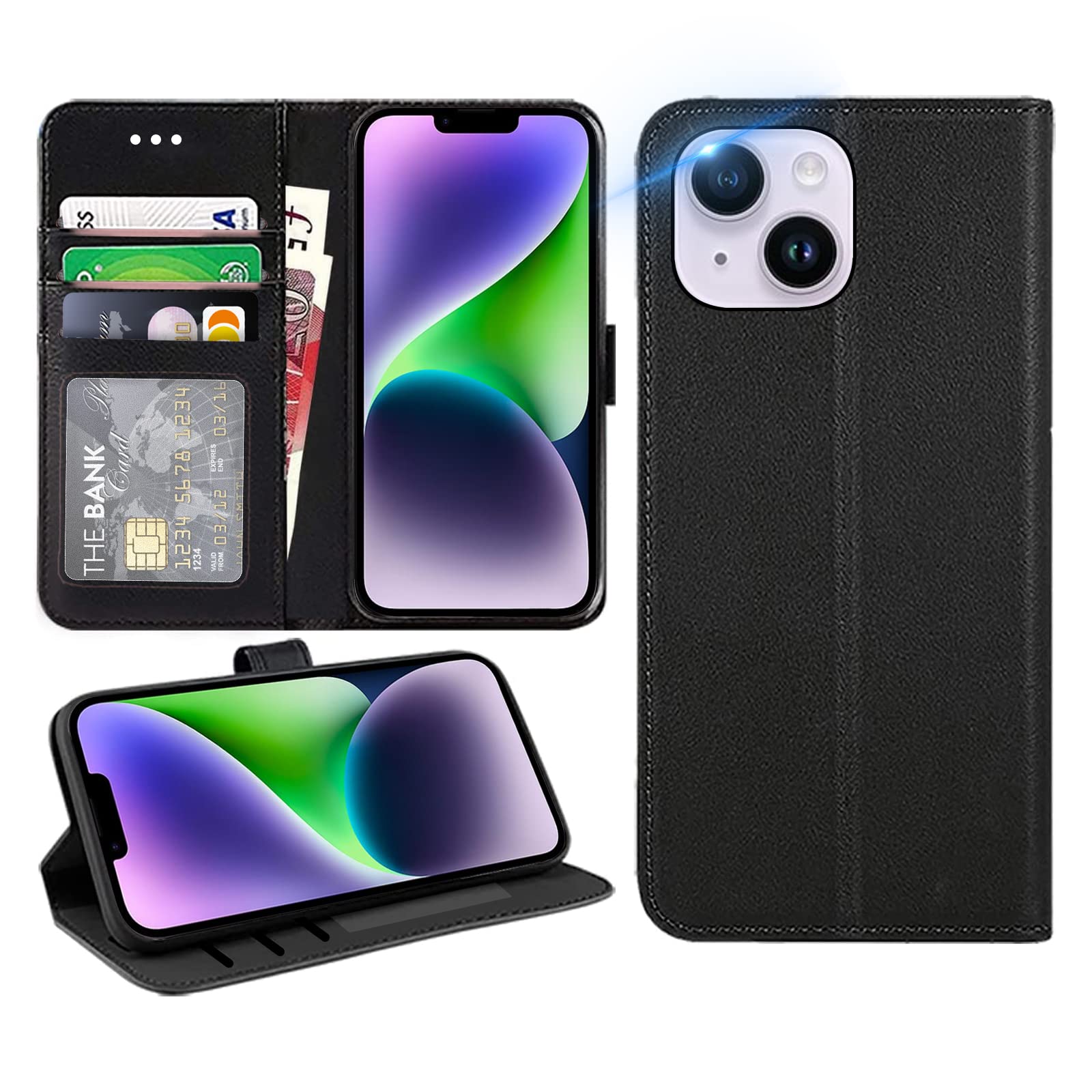 DN-Technology for iPhone 14 Plus Case Flip Leather Wallet Book Stand Folio Card Holder Phone Cover iPhone 14 Plus 6.7'' (BLACK)