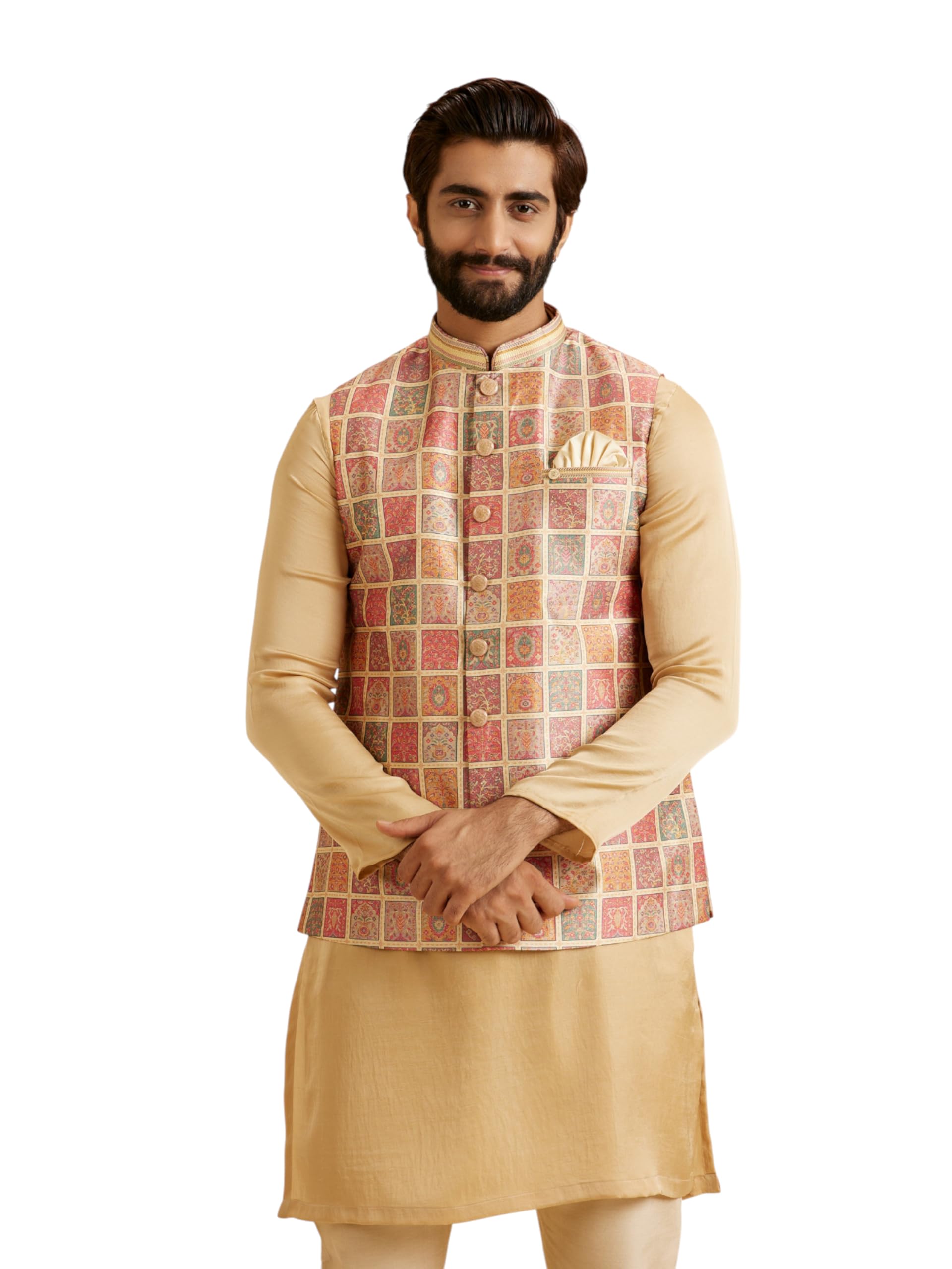 manyavar Men's Art Silk Patchwork Printed Traditional Nehru Jacket (1pc)-picture-12