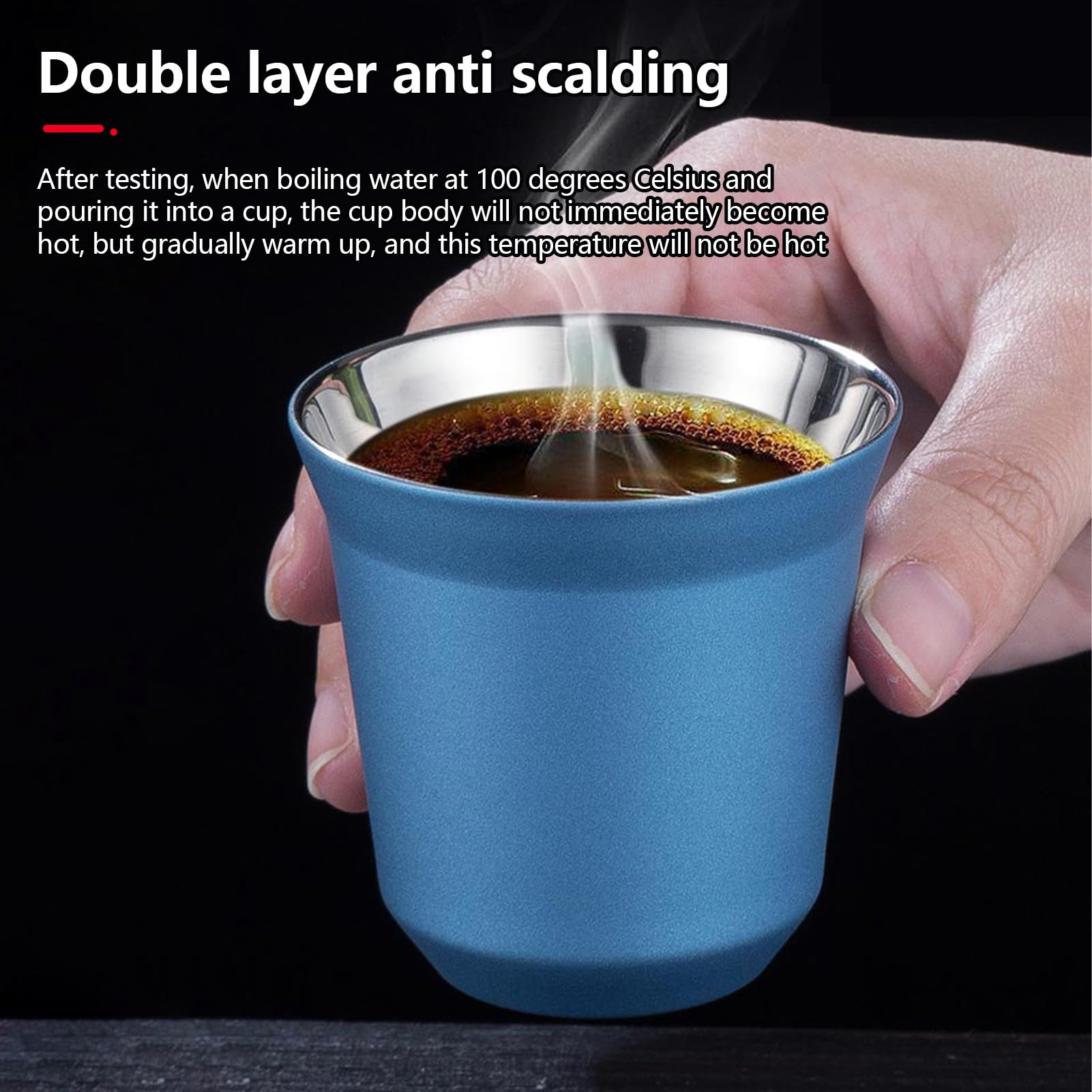 Set di 2 tazze da caffè in acciaio inox, con pareti spesse, 80 ml, in acciaio inox, colore: blu scuro