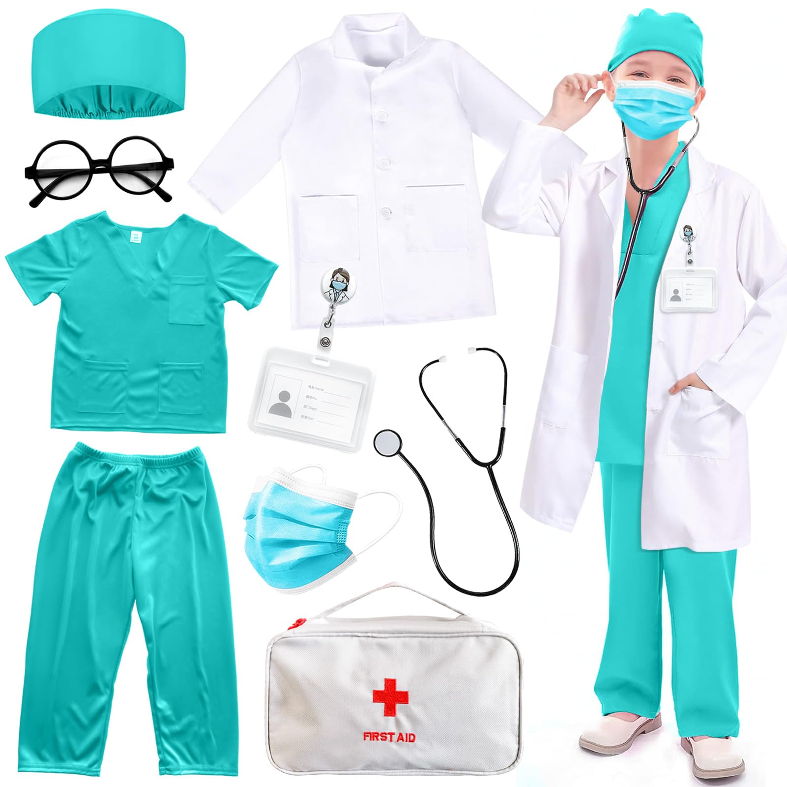 7 Pieces Child Doctor Costume, Carnival Costume Doctor Kids  Nurse Doctor Toy for Kit with Doctor's Case, Role Play for Girl Boys 3 4 5 6 7 8 9 10 Years Old (120)