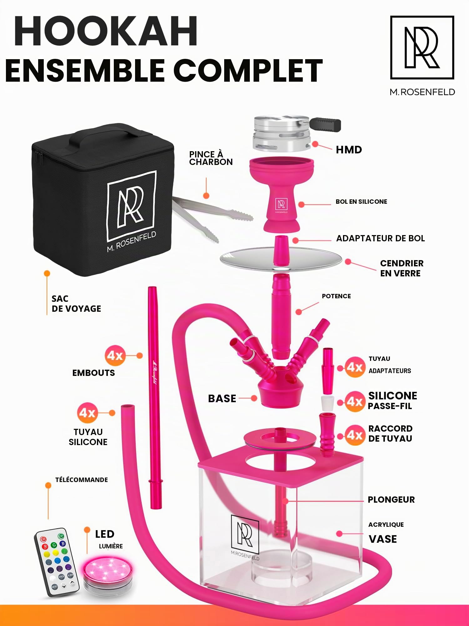 Hookah Lot de 4 Pantalons Hookah – YADO Square Hookah to Go avec Support de narguilé au Charbon et Dispositif de Gestion de la Chaleur et Grand Bol en Silicone Noir et Sac pour narguilé – Rose