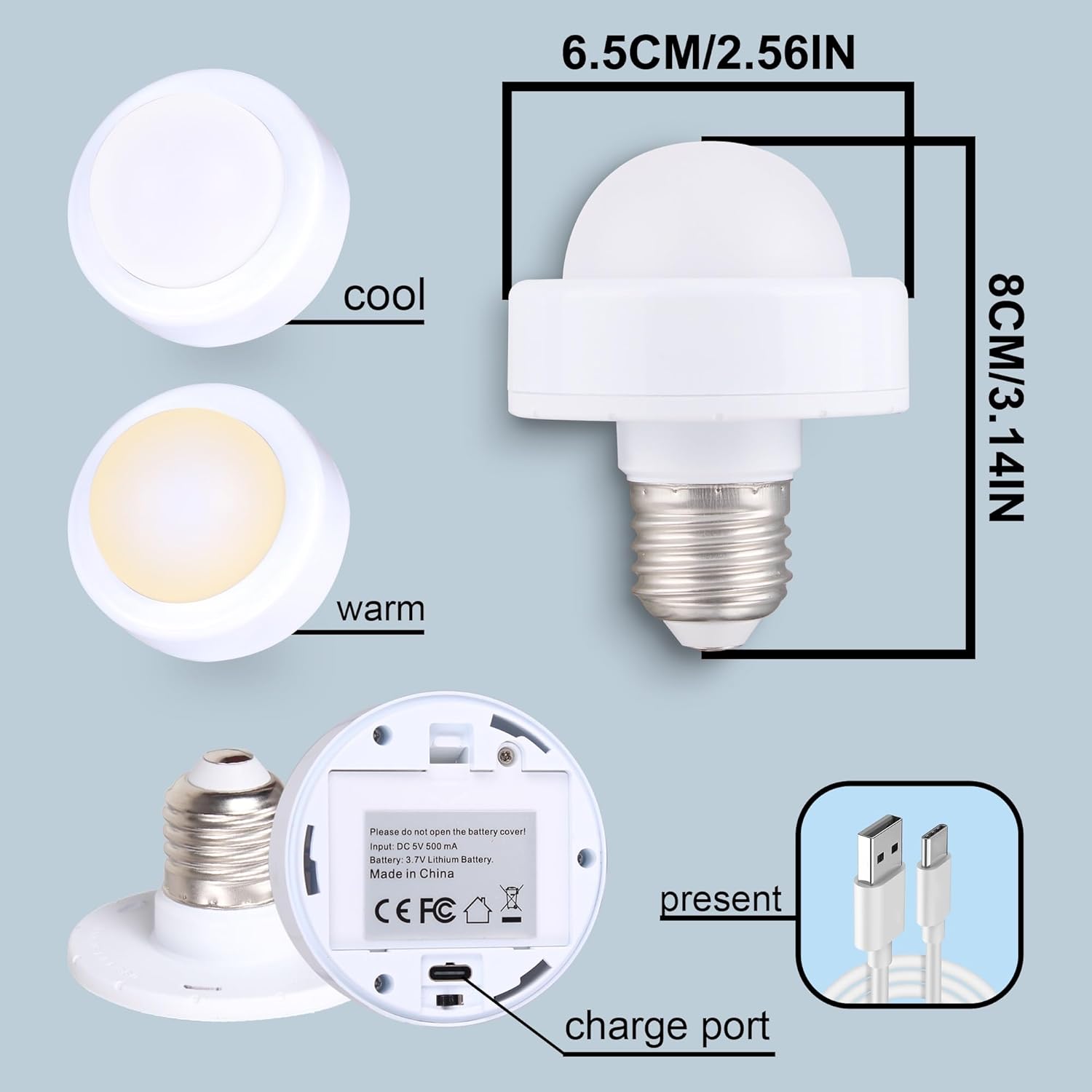 Rechargeable LED Bulb with Remote Control Dimmer Bulb, USB Interface Energy Saving Bulb for E26 Sockets, Battery Powered Bulb USB Cable for Non-Hardwired(Set of 2)