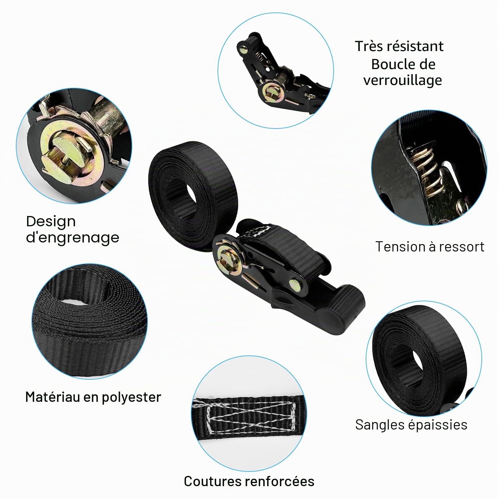 Chiluxendo 6 Pièces Sangle a Cliquet, Petite Sangle Arrimage 2.5cm X 4m, Sangles À Cliquer, Sangle Moto Remorque Sangles D'Arrimage À Cliquet, Nouvelle Sangle D'Arrimage Universelle (Noire)