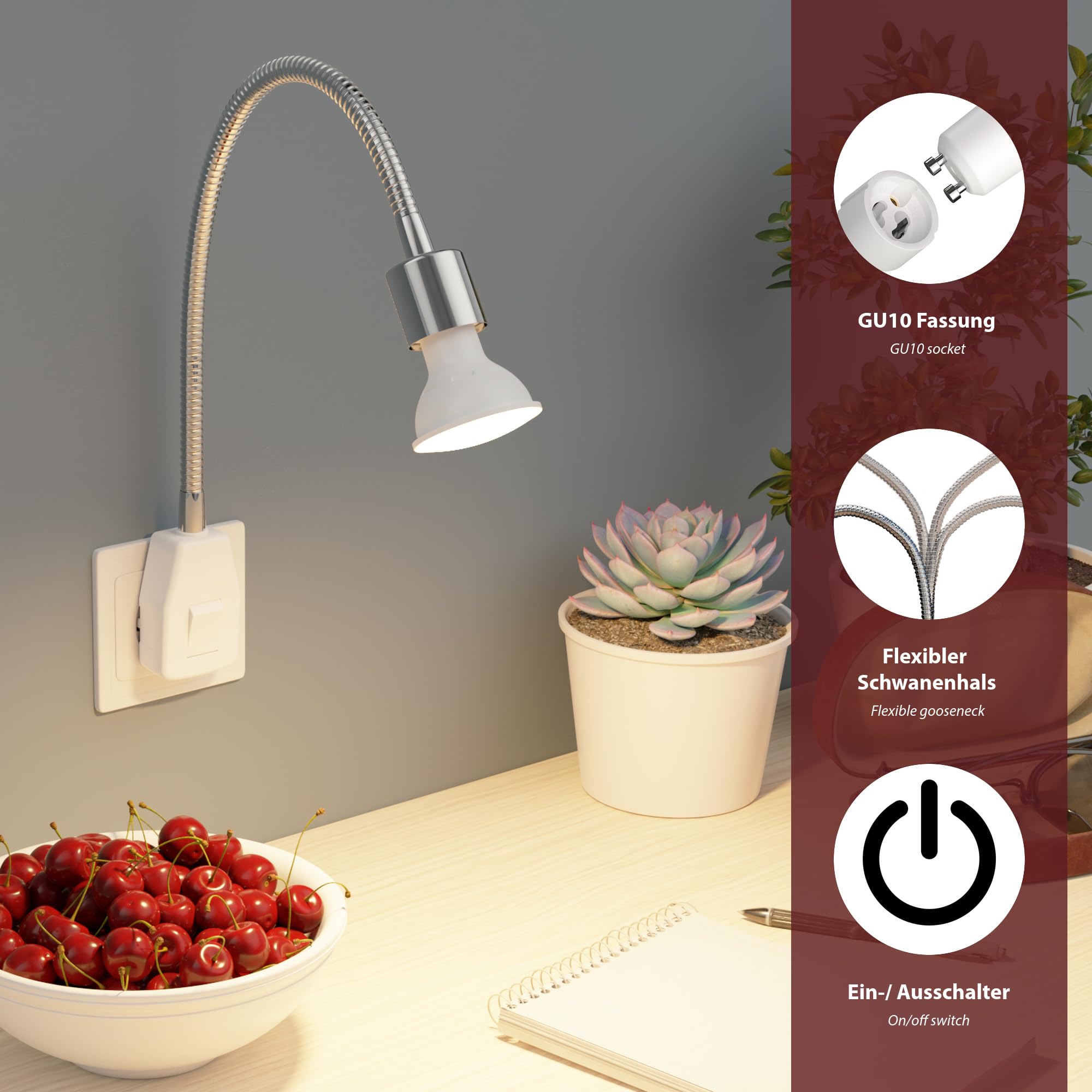 ledscom.de Steckdosenlampe LESCH Leselampe Schwanenhals, chrom/weiß, inkl. GU10 LED (warmweiß, 7,6W, 1103lm, 33°)
