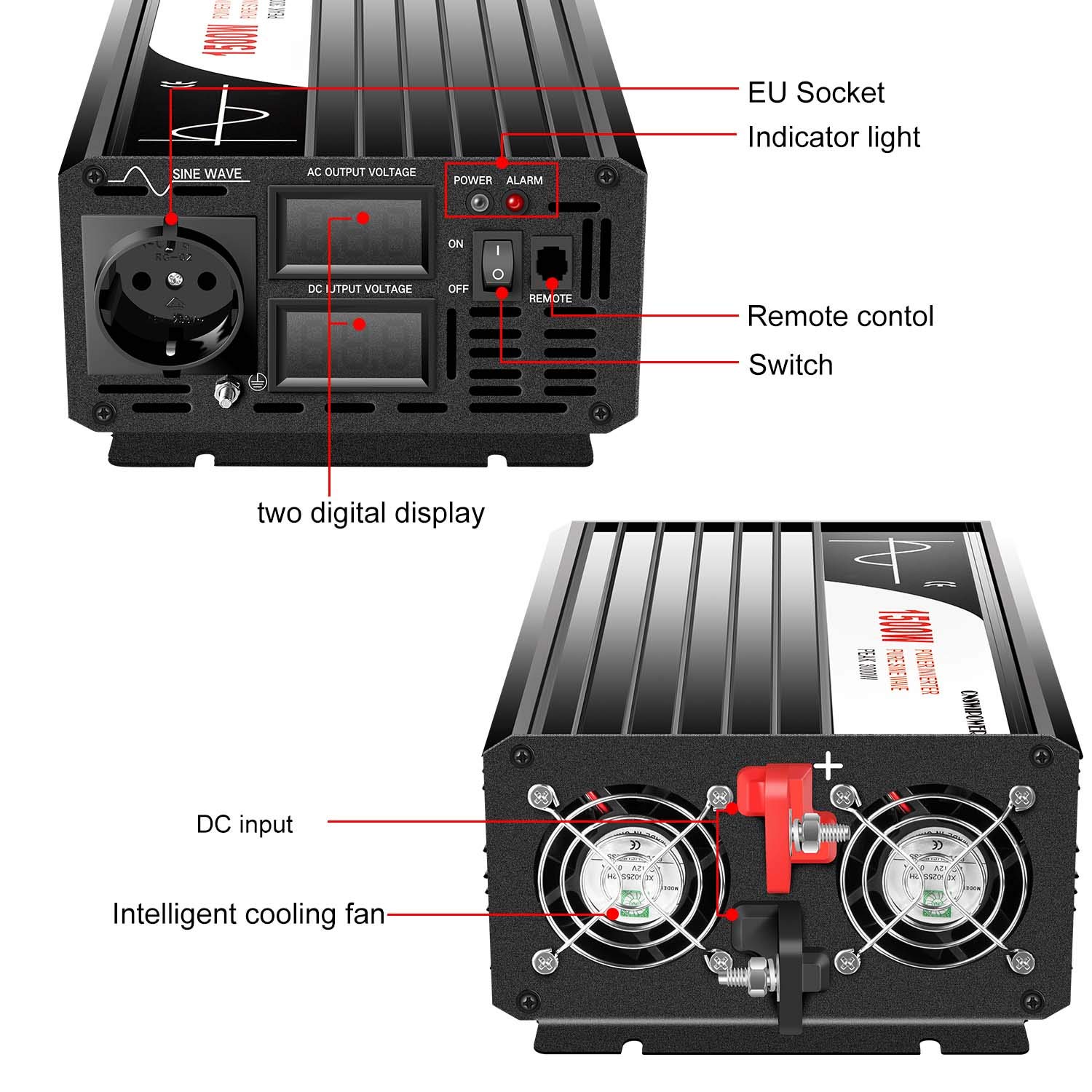 CNSWIPOWER 1500W (picco 3000W) Inverter di potenza a onda sinusoidale pura DC a AC 230V 50Hz convertitore solare per uso domestico auto (DC 24V (Gamma 20V-30V) 1500W)