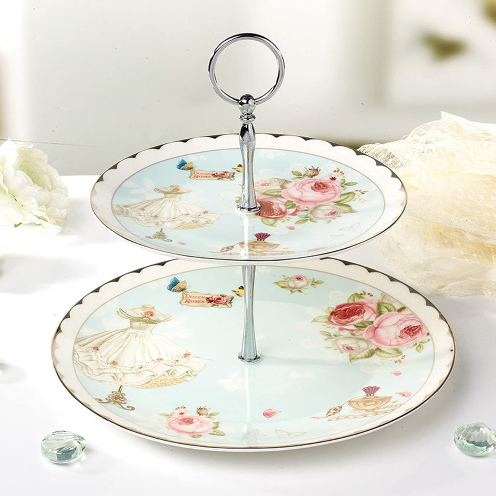 Bandejas para Tartas Soporte de la magdalena de estilo europeo con la manija del postre de cerámica de la pantalla de la exhibición del postre de la capa de doble capa de la bandeja de la bandeja de l