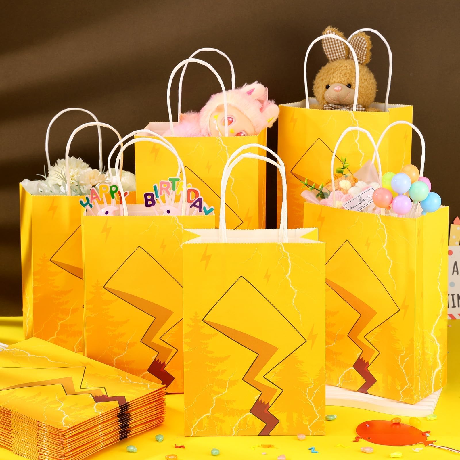 24 Pcs Cartoon Paper Bags Animation Party Gift Bags Red Kraft Treat Bag with Handle Birthday Party Supplies Paper Goodie Bags 8 x 5.1 x 3.1 Inches for Birthday Theme Supplies Baby Shower Decorations