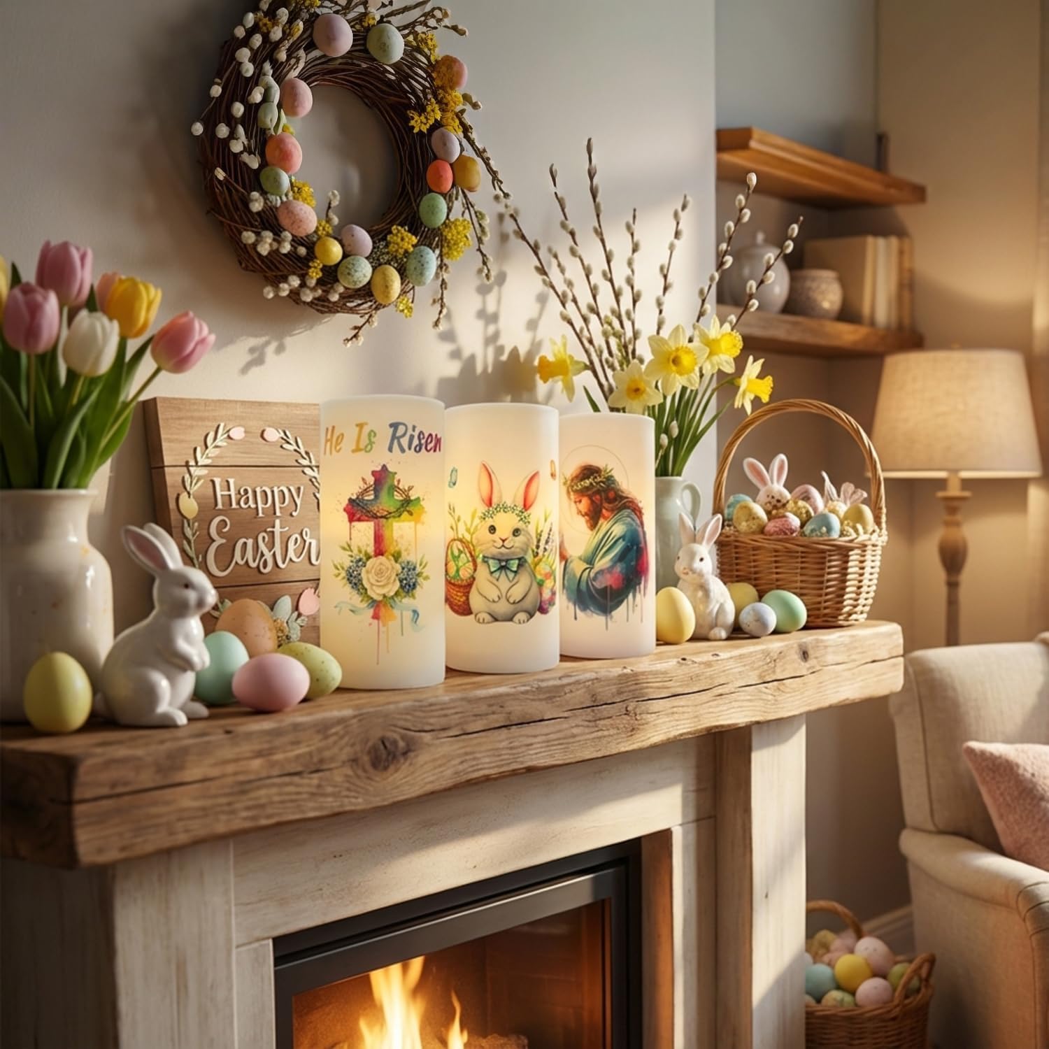 3PCS Nativity Easter Flameless Candles with Remote Control,Christian Cross Bunny LED Candles for Spring Easter Home Decor
