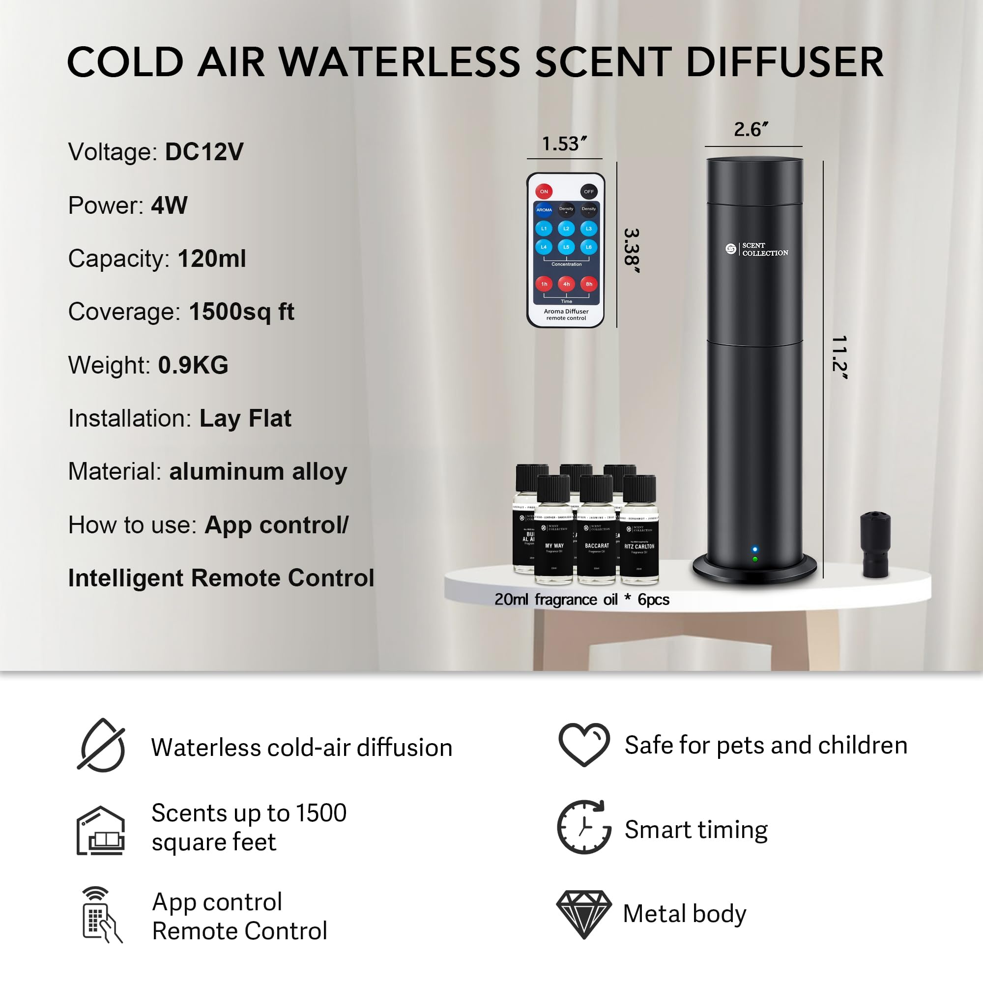 Difusor de aroma sin agua para hotel, difusor de aceite esencial con 6 aromas de hotel, aromaterapia, nebulizante, sin bloqueo, difusor de botella de aceite cubre hasta 700 pies cuadrados, máquina de