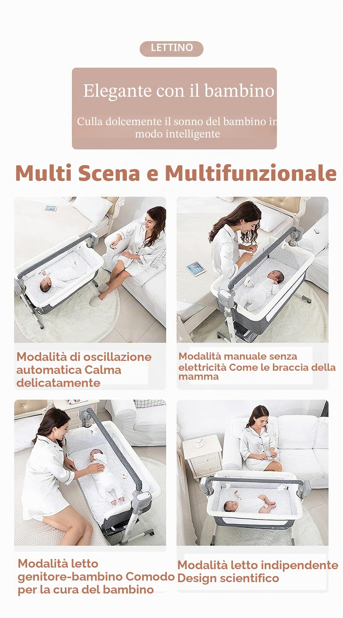 Magic ZC Elettrico Bluetooth Intelligente Culla Neonato Next to me, Convertibile Culla Co-sleeping, Telecomando e 5 Ingranaggi Oscillanti, Pieghevole Neonato Fianco Letto con Musica (601 Beige)