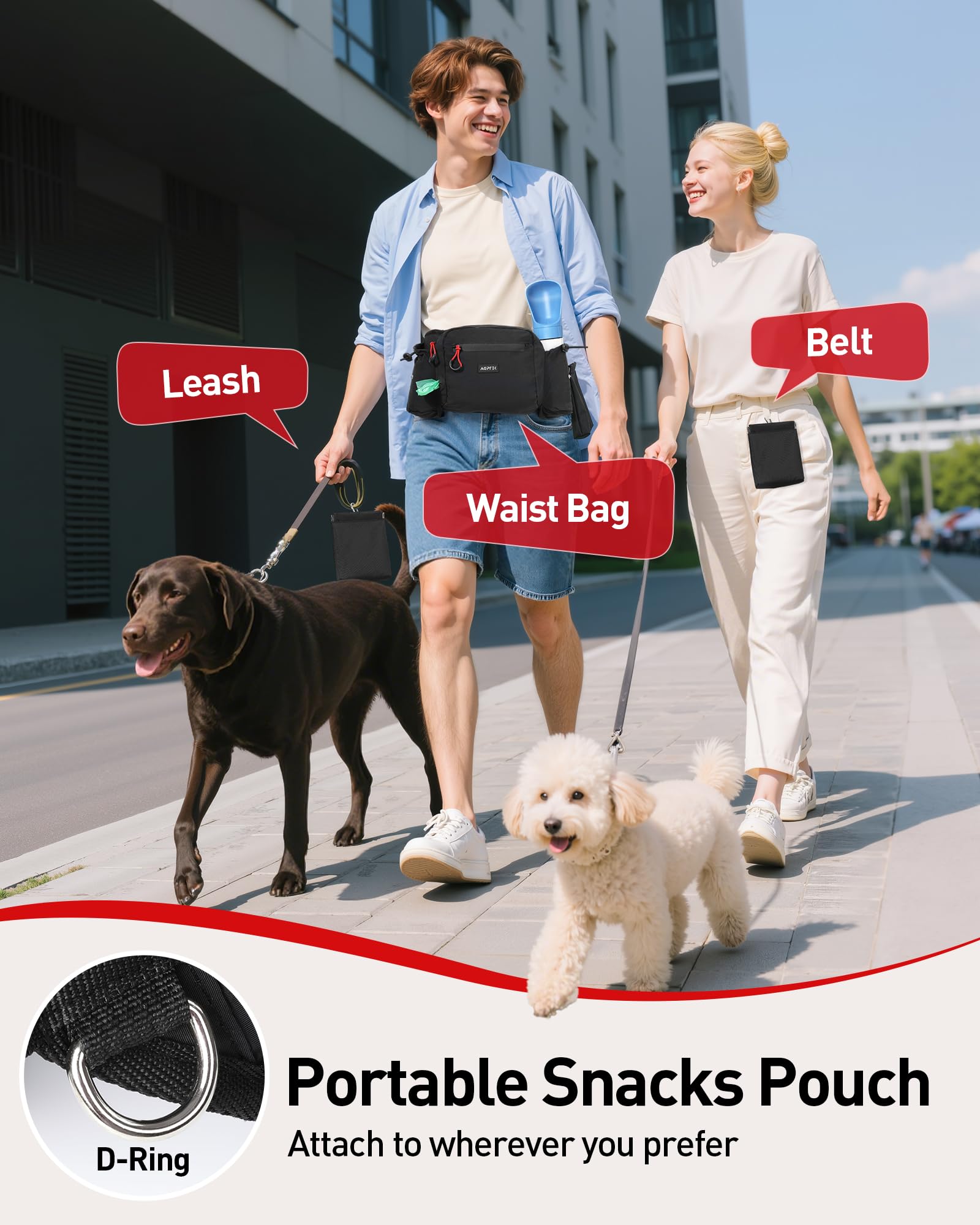 AGPTEK Sac à Friandises pour Chien, Sac Banane Grande Capacité Dressage Canin, Imperméable, Poche Amovible, Porte-Gourde, Distributeur de Sacs à Déjections, Fermeture Étanche, Sangle Ajustable, Noir