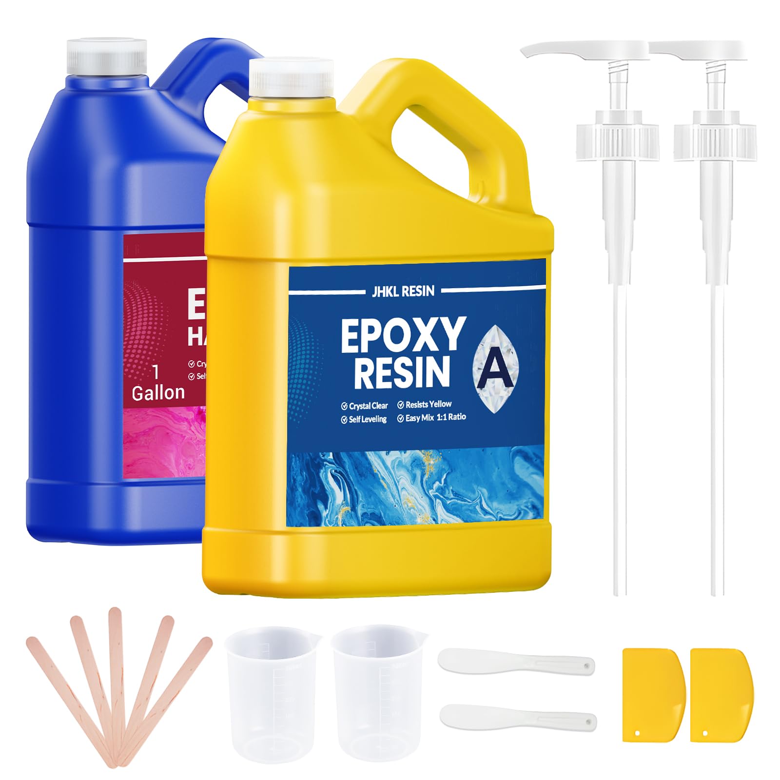 Resina epoxi JHKL RESIN, kit de resina epoxi de 1 galón, revestimiento de fundición transparente, sin amarilleo, sin burbujas, autonivelante, fácil de mezclar 1:1 para hacer joyas, manualidades, moldes de resina de madera