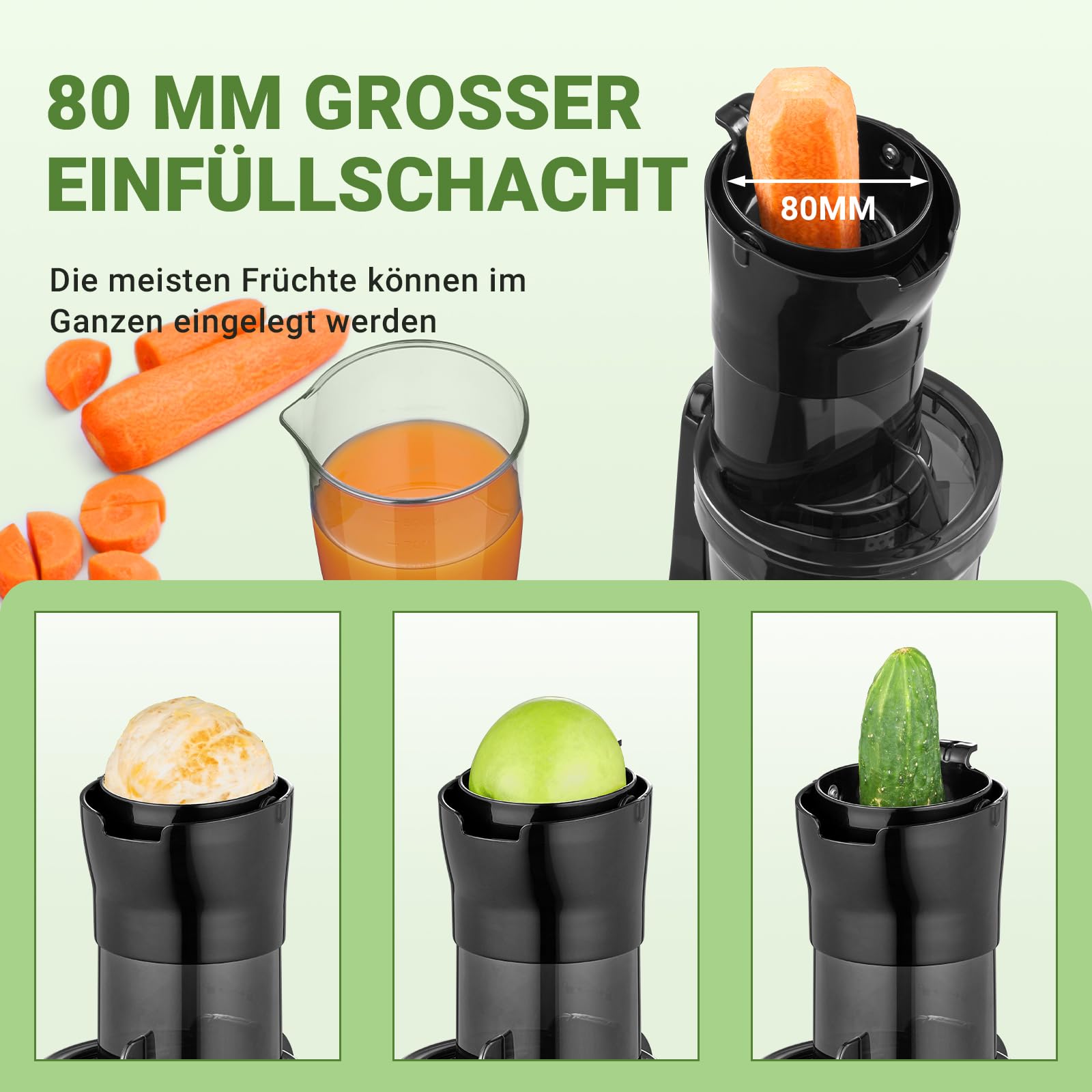 AMZCHEF Ganzfrucht Entsafter - 80MM große Öffnung Slow Juicer - Entsafter Gemüse und Obst Testsieger mit Verbesserter Schnecke, Doppelschicht Filter, Retro Kippschalter, Leiser Motor - Schwarz
