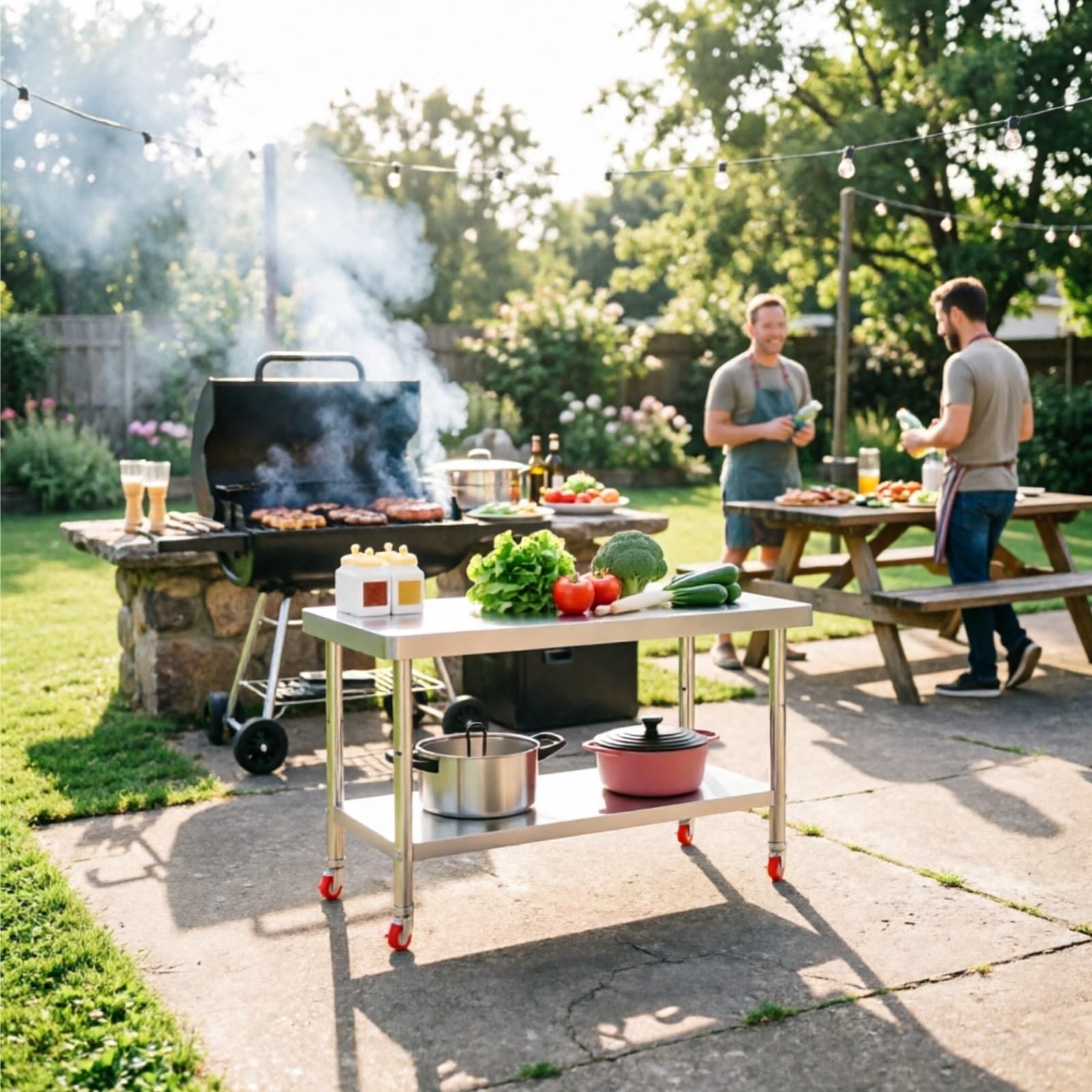 Mesa de preparación de acero inoxidable con ruedas, mesa de trabajo de cocina comercial con ruedas, estación de trabajo rodante resistente para restaurante, garaje y barbacoa al aire libre