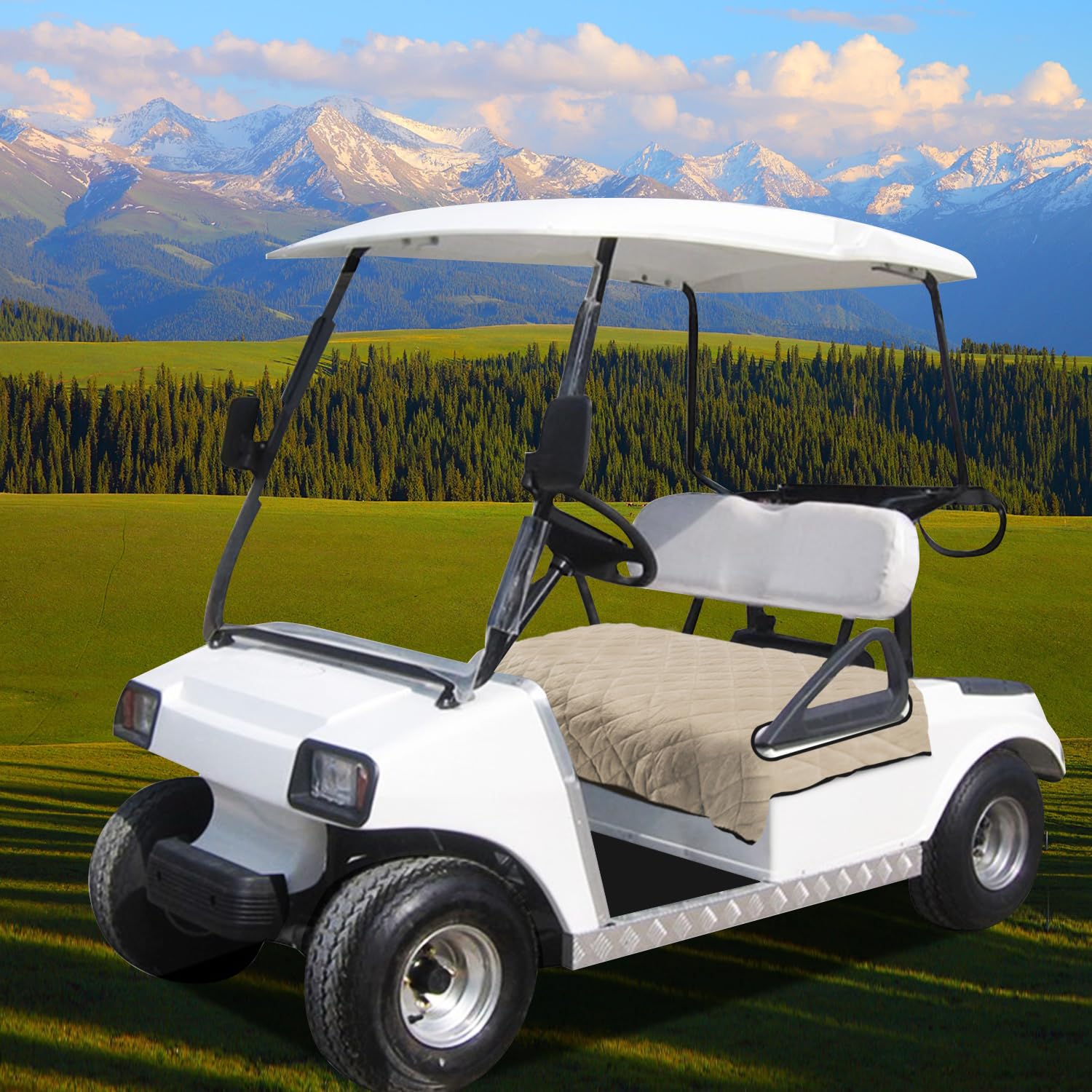 YOKYHOM Golfwagen-Sitzbezüge für 2 & 4 Personen-Carts, Dicker kurzer Plüsch mit Rutschfester Rückseite, ultraweiche Sitzhandtuch-Decke, passend für EZGO, Club Car, Yamaha, 129,5 x 77,5 cm, Khaki