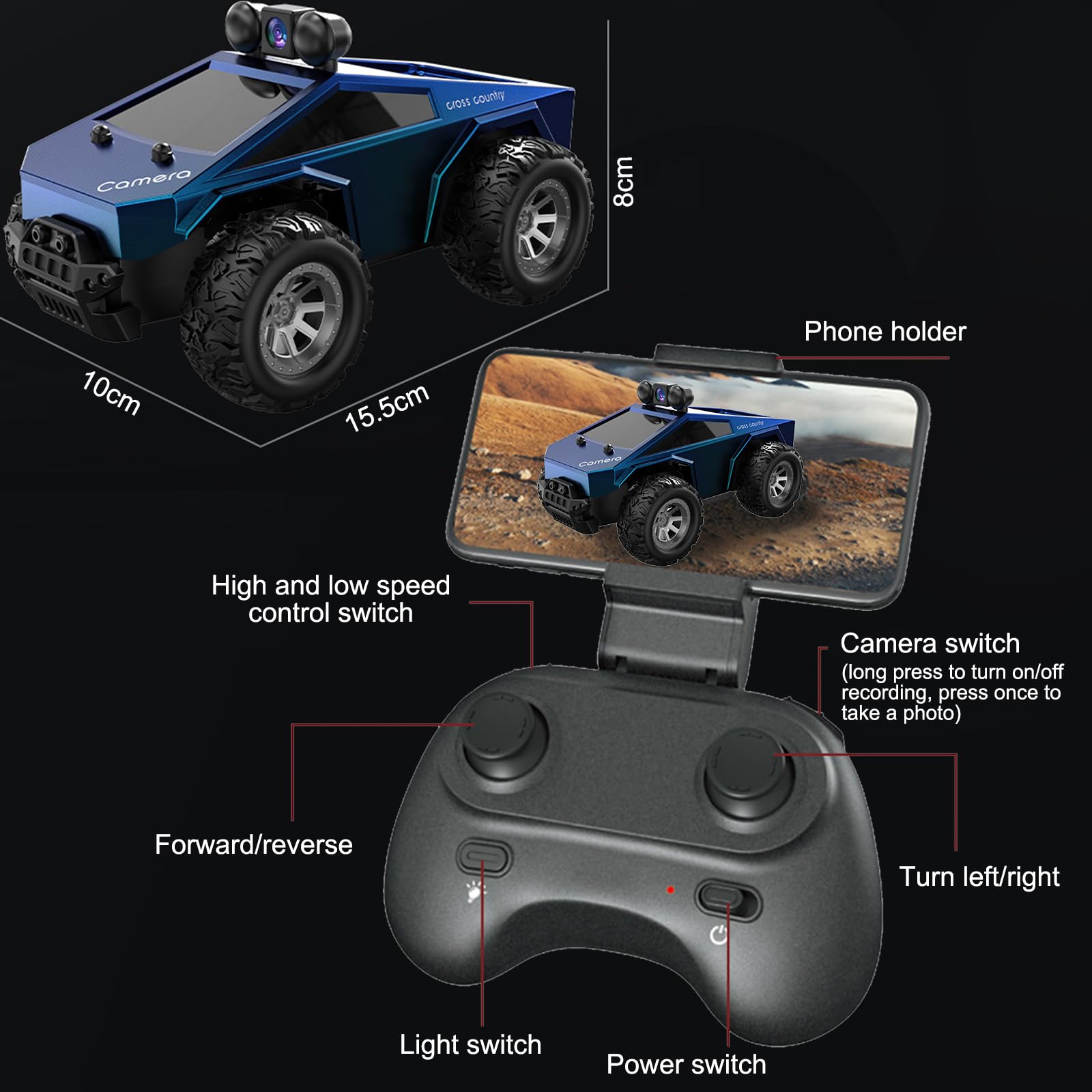 Auto telecomandata fuoristrada 1:28 con telecamera, auto giocattolo ad alta velocità, trasmissione WiFi in tempo reale, con controllo tramite APP, auto giocattolo RC per bambini e adulti