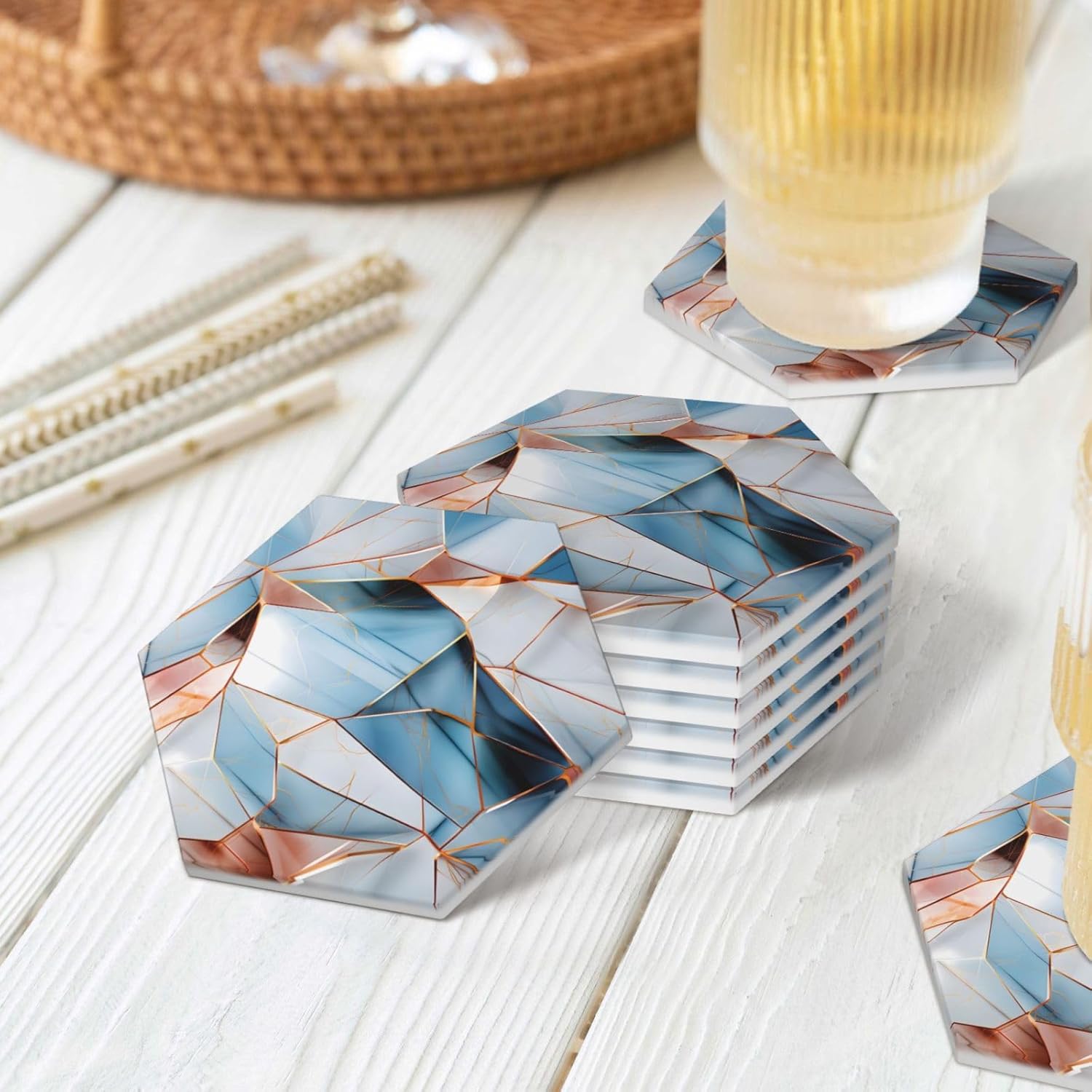 Hexagon Cup Coasters Set of 6 with Holder Pastel Turquoise Blue Marbles Pattern Absorbent Ceramic Drinking Coasters with Cork Base for Office Coffee Table Desk, Car Cup Holder
