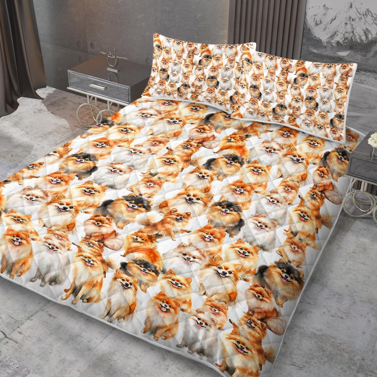 MILANKET 3 Pieces Cute Pomeranian Print Quilt Set Queen Size for Kids Teens White Bedspread Coverlet Lightweight Microfiber Bedding Set with 2 Pillow Shams