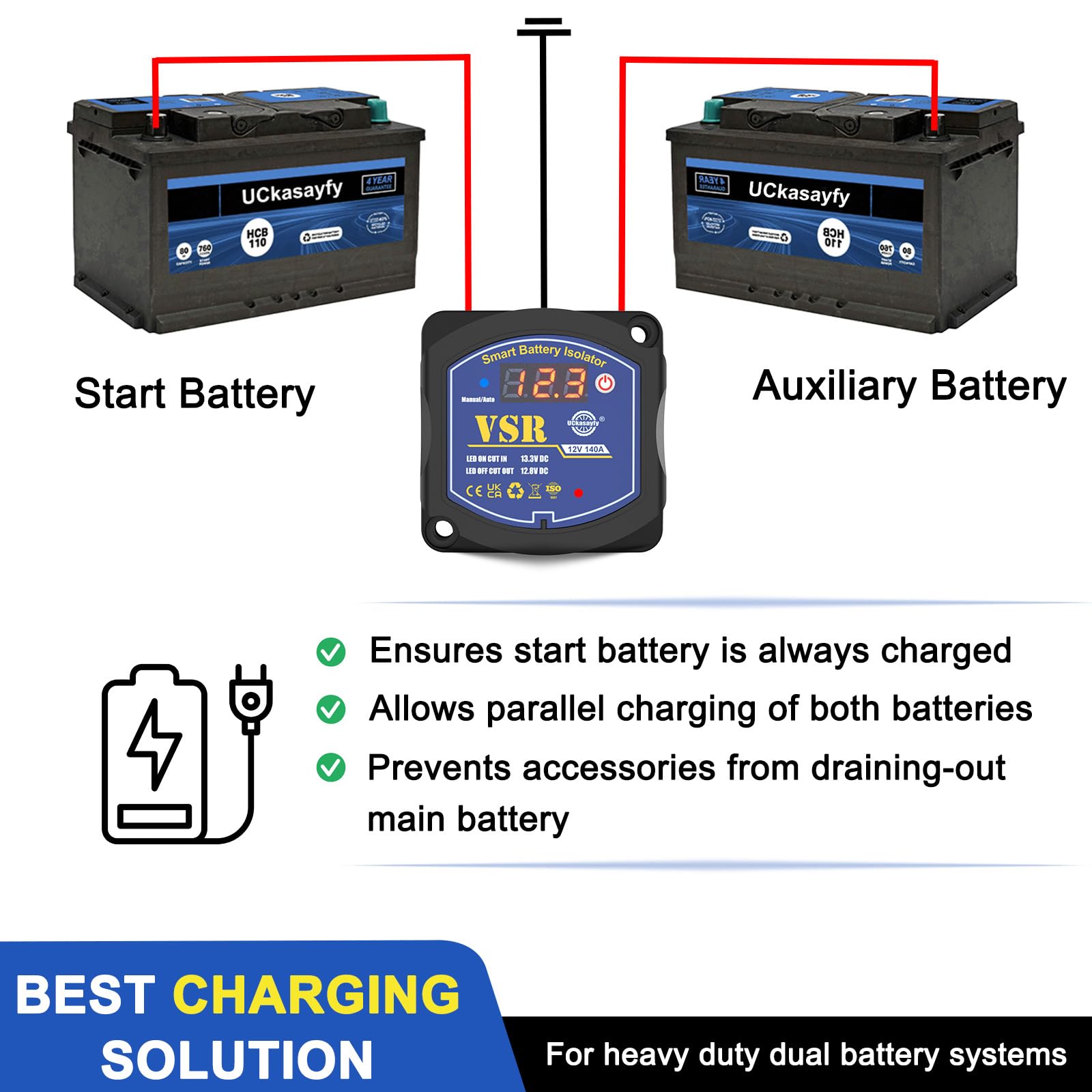 Kit isolatore doppia batteria 12V 140A, relè VSR, intelligente. Compatibile con UTV, marine, auto, RV, barca, camion, rimorchio, ATV, camper, moto, non adatto per batterie al litio