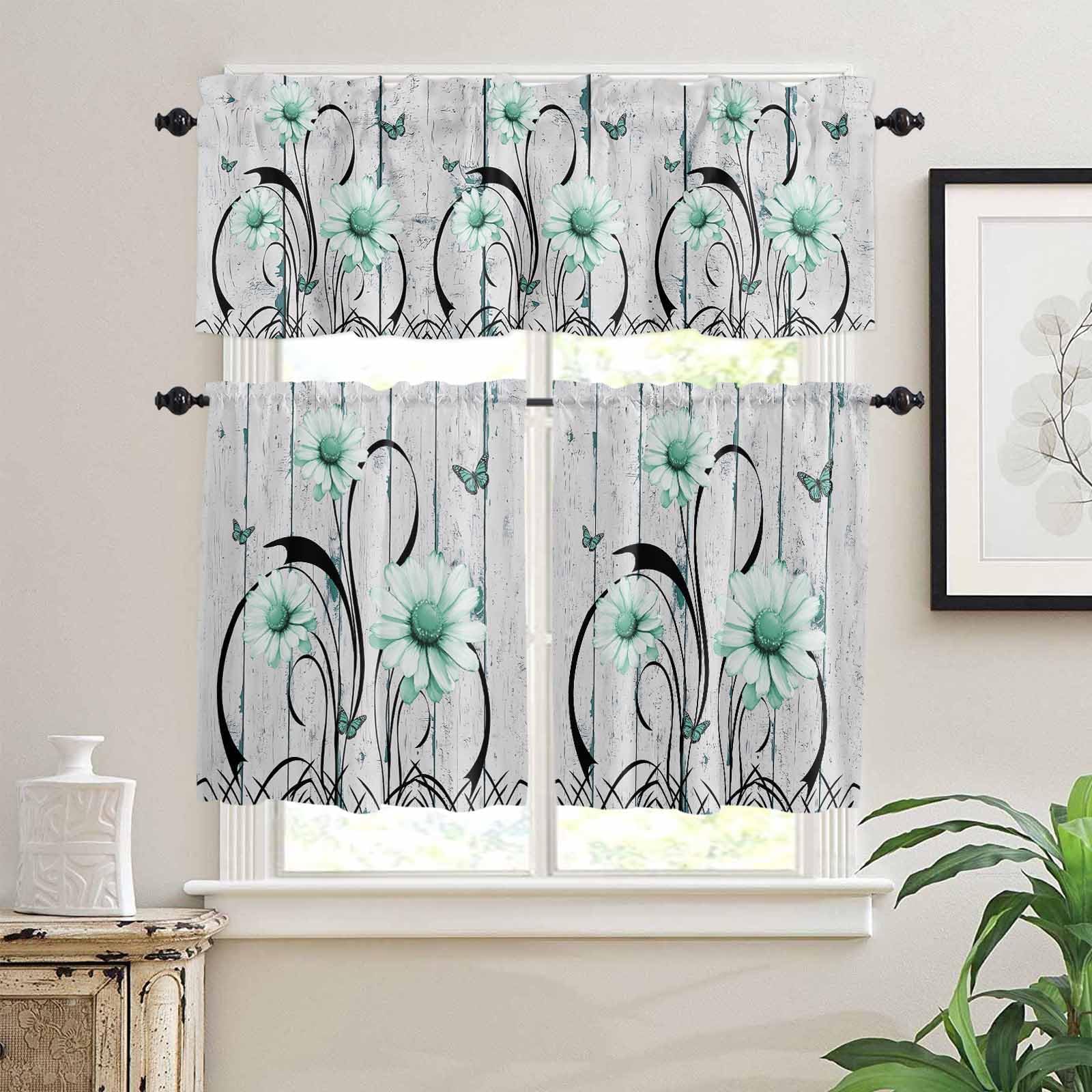 Aqua Daisy Kitchen Curtains 36 Inch Length,3 Piece Rod Pocket Small Half Tiers and Valance Set,Rustic Butterfly Floral Gray Wooden Grain Small Large Window Treatment Decor for Bedroom/Bathroom Sink