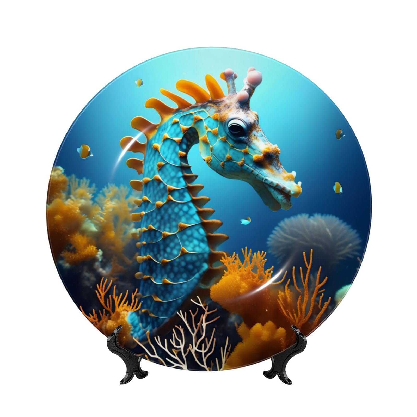 SXZVVBN Blue Seahorse Bone China Decorative Plate Art with Stand Removable Adhesive Hanging for Home Office 6in（15cm）