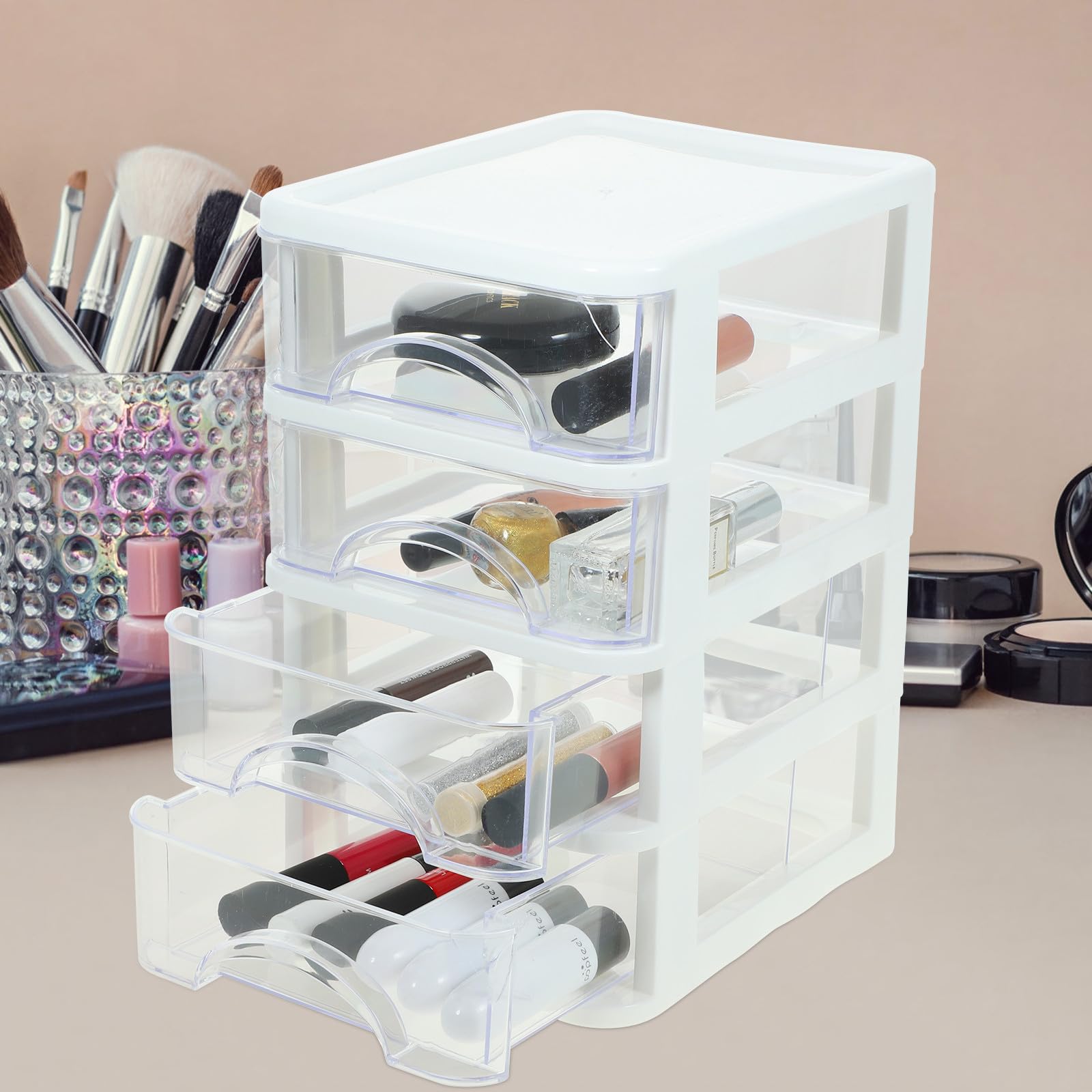 Organizer da Scrivania Multifunzione Struttura a Cassetti in Plastica Bianca, Contenitore per Cancelleria Strati per Decorazione della Casa