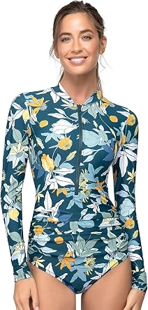 AXESEA Womens Rash Guard Long Sleeve One Piece Swimsuit Ruched Zip Bathing Suit