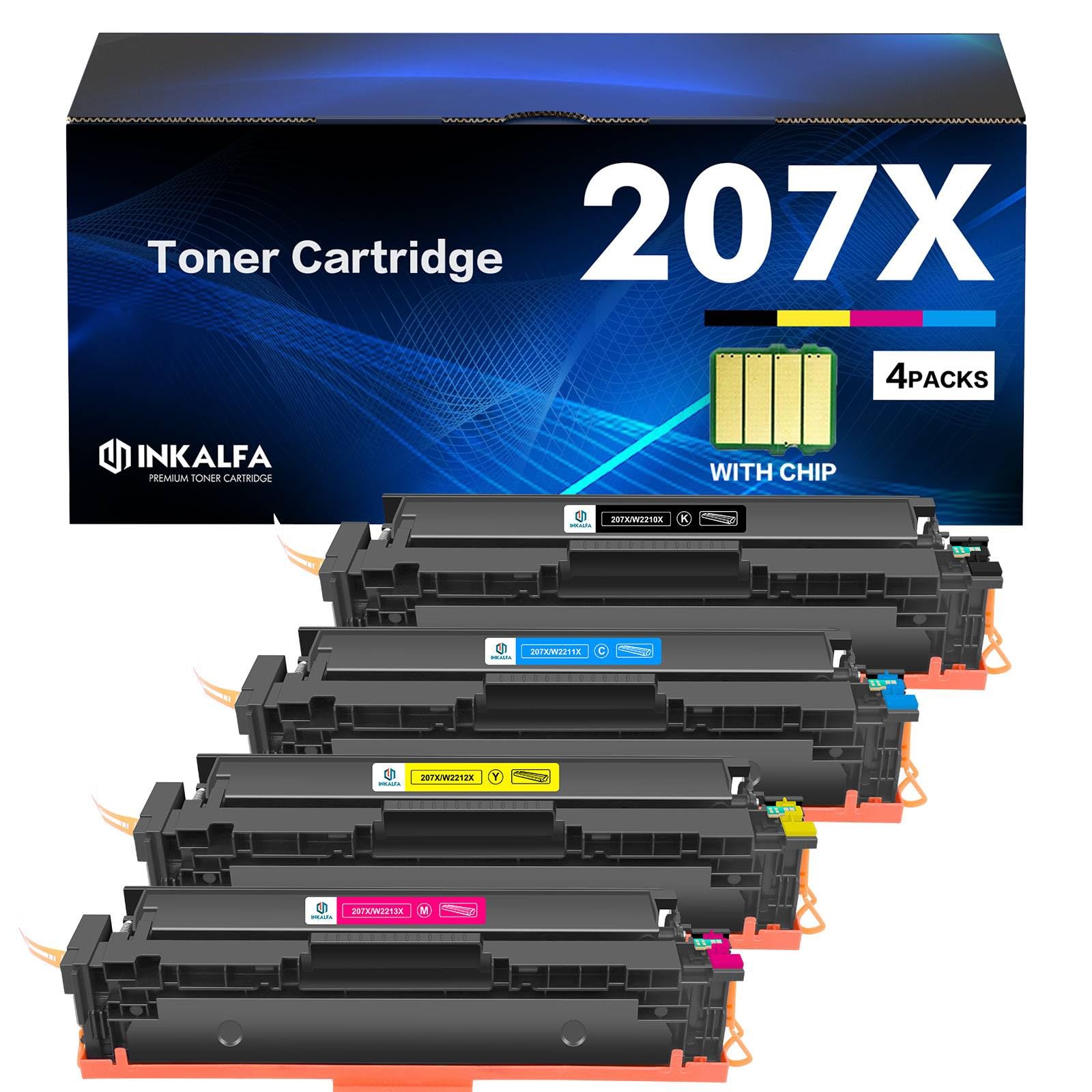 inkalfa 4-Pack with Chip Cartridge for HP 207X Toner W2210X 207A 207 Color Laserjet Pro MFP M283fdw M255dw M282nw M283fdn M255nw W2210A W2211X W2212X W2213X M283 255 M282 - Black Cyan Yellow Magenta