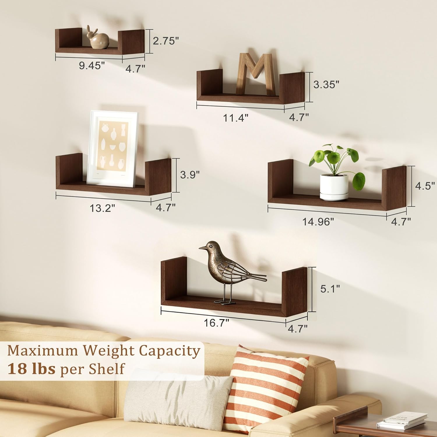 SRIWATANA Floating Shelves for Wall, Wall Shelves for Bathroom, Bedroom, Living Room, Kitchen, Office, Wood Shelves for Home Decor Set of 5 (Dark Walnut)