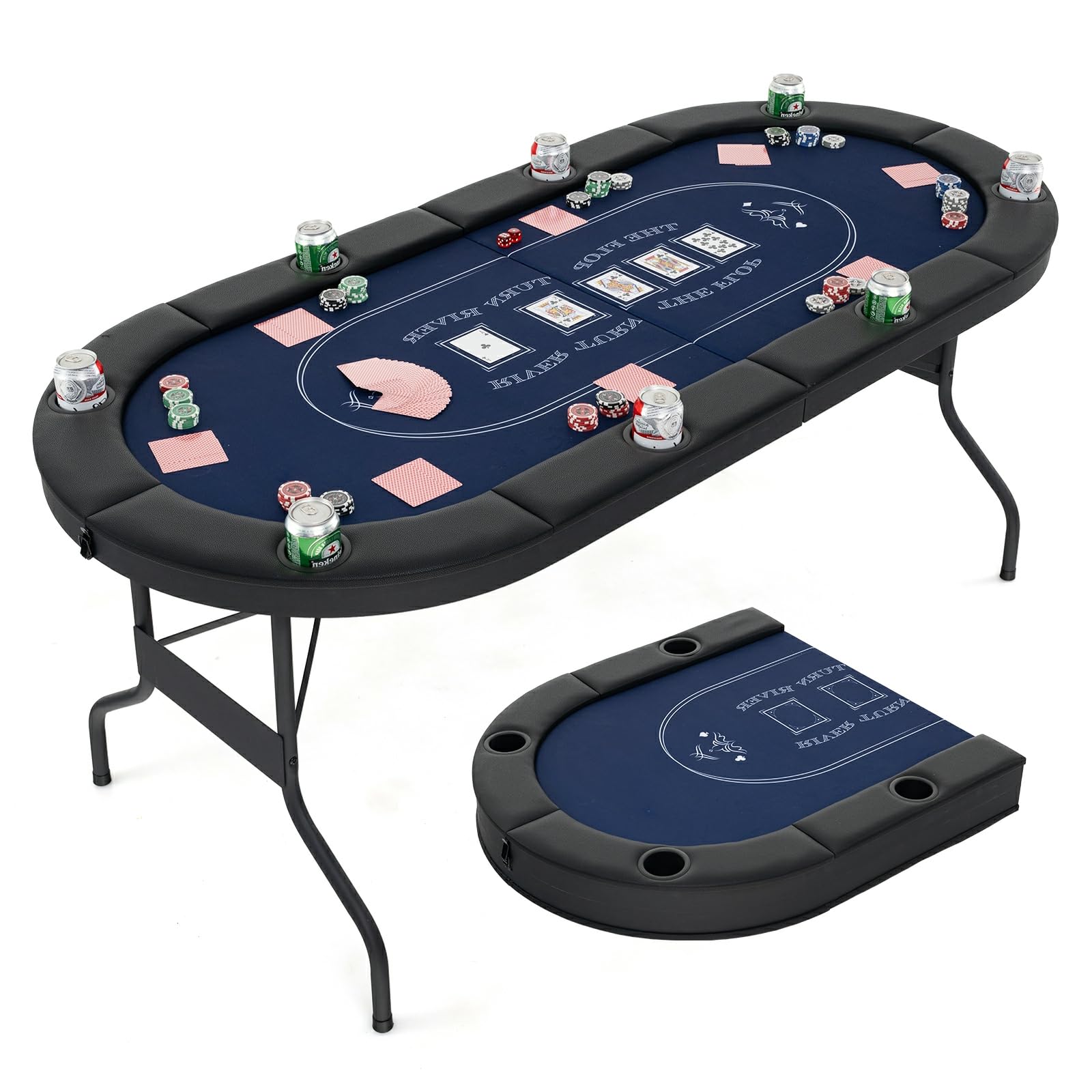 HOMASIS Pokertisch klappbar für 8 Spieler, Getränkehalter aus Metall, gepolsterte Armauflage, Casino Roulette Tisch für Blackjack, Texas Hold'em (Blau)